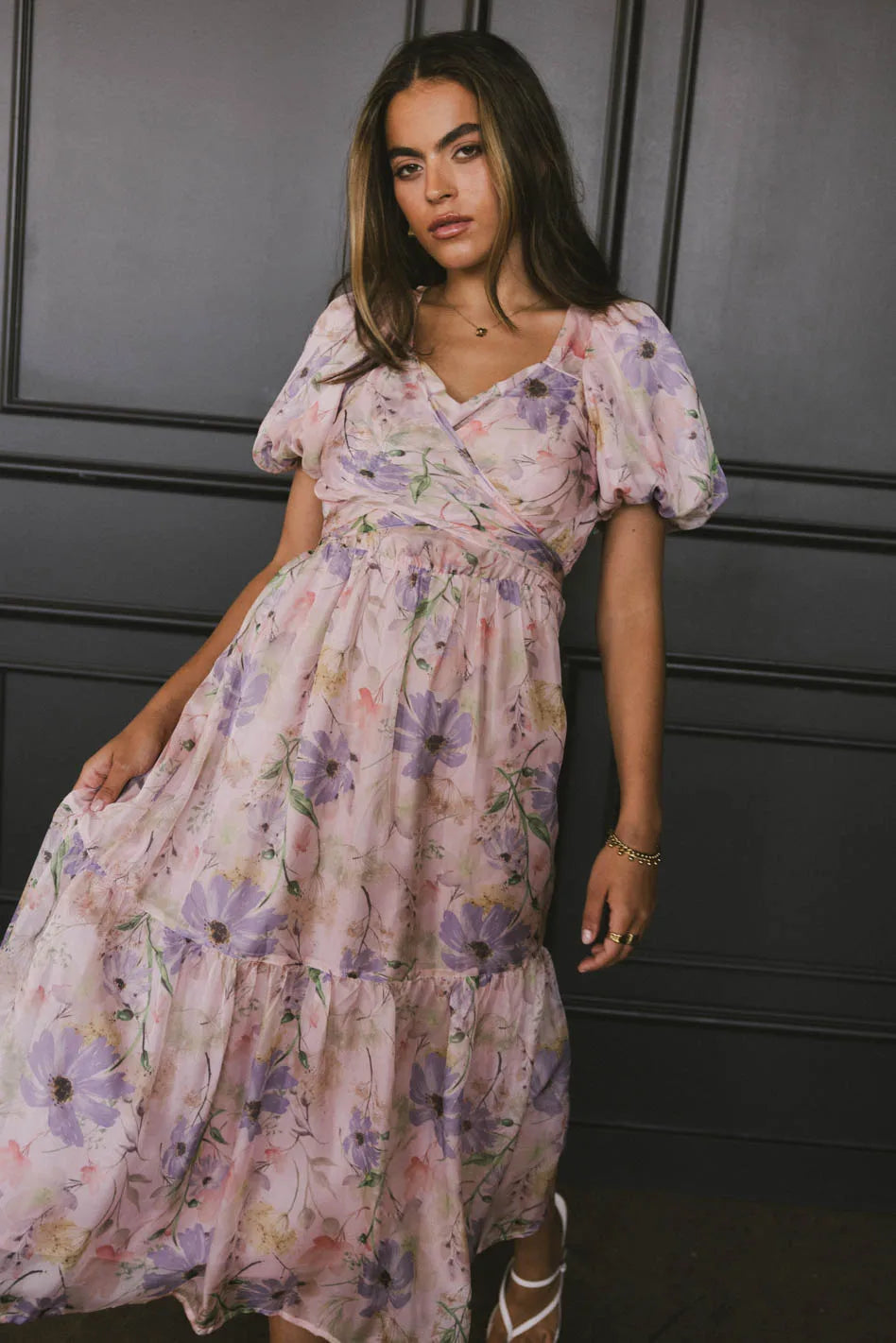 Angelique Floral Tie Dress in Pink - Women's Summer Flowy Midi Dress with Belt | Perfect for Weddings, Parties & Beach Vacations