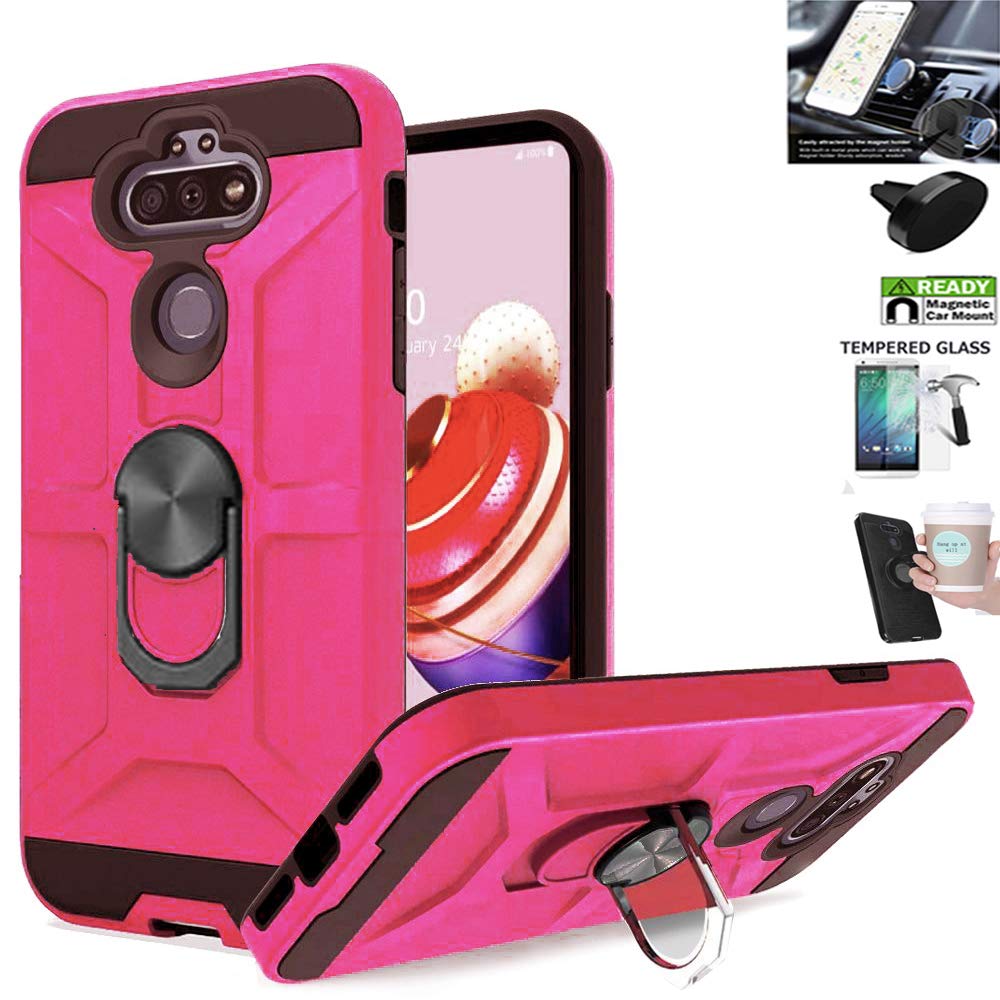 LG Phoenix 5 / Risio 4 / Aristo 5 / Fortune 3 / Tribute Monarch Phone Case with Tempered Glass Screen Protector & Car Mount - Shock Absorbing MatteRing Pink Cover for Everyday Protection & On-the-Go Convenience