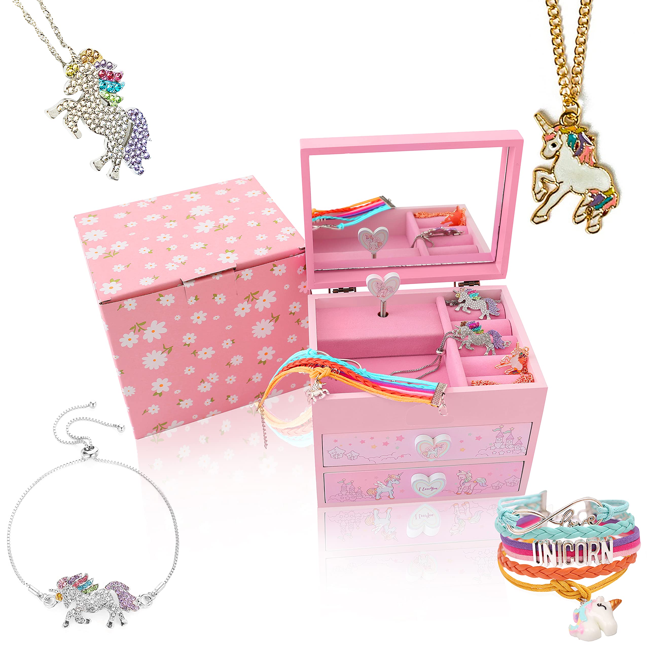 Unicorn Wooden Musical Jewelry Box for Girls with Matching Jewelry Set - Princess Castle Themed Gift for Kids (Pink) | Perfect for Birthday Presents, Room Decor & Jewelry Storage