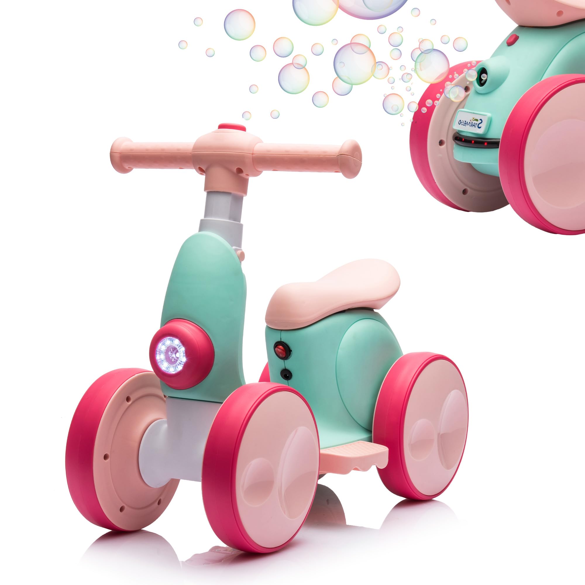 6V Electric Baby Balance Bike with Bubble Machine & LED Lights - 4-in-1 Toddler Ride-On Toy with Remote Control, Music & Powered Motor for 1-3 Year Old Boys & Girls | Indoor & Outdoor Play, Birthday Gift, Early Learning Toy (Green/Red)