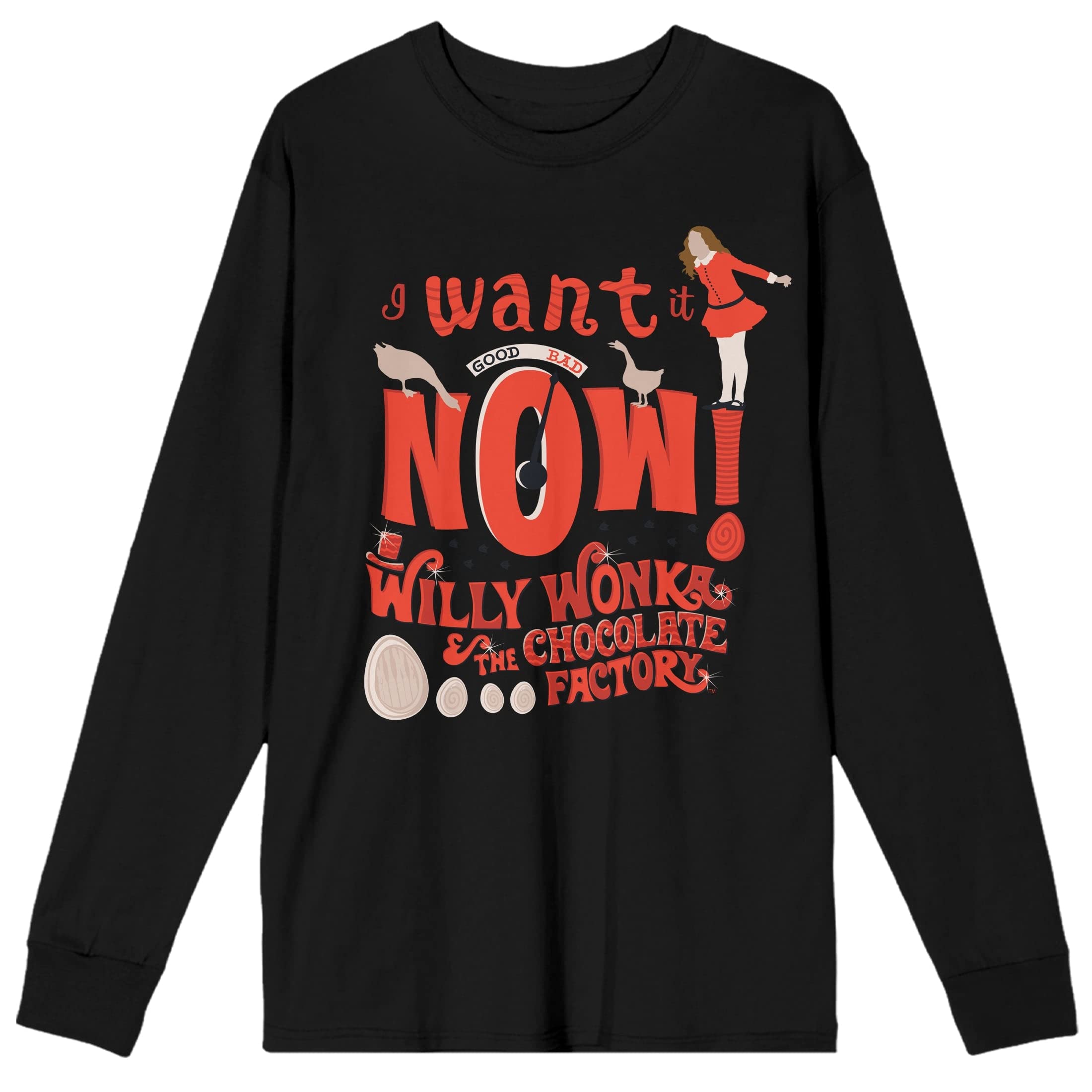 Willy Wonka & The Chocolate Factory 'I Want It Now' Men's Black Long Sleeve T-Shirt | Vintage Movie Merchandise | Perfect for Halloween Costumes & Fan Gifts