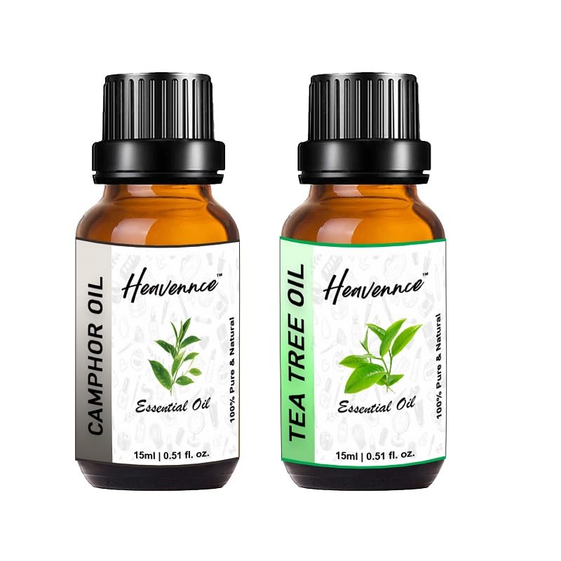 Heavennce Camphor Oil & Tea Tree Essential Oil Combo (2x30ml) - Natural Hair & Skin Care Moisturizer, Anti-Aging Treatment, Aromatherapy & Deodorizer - Perfect for Massage, Diffuser & DIY Beauty Products