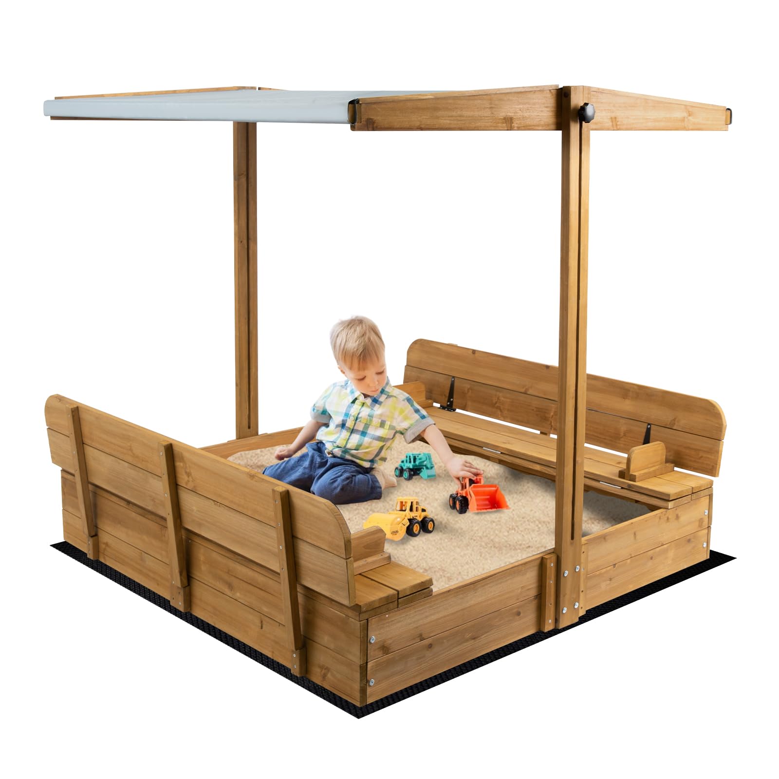 **Wooden Kids Sandbox with Cover & Adjustable Canopy - Foldable Bench Seat, UV Protection, Natural Wood - Outdoor Sand Box for Toddlers Ages 2-8 (47x47 Inch) - Perfect for Backyard, Garden & Playground Fun**