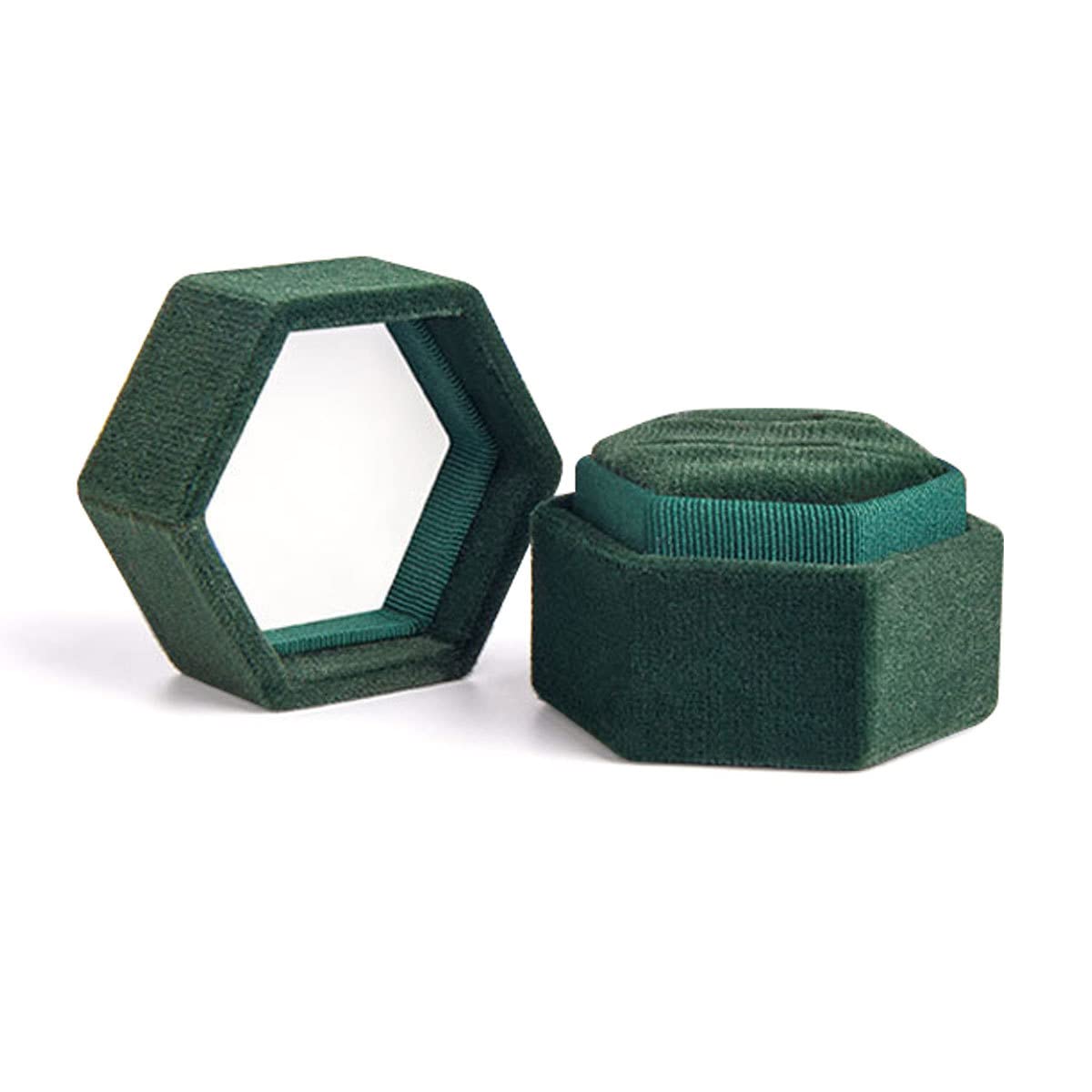 Blongme Velvet Hexagon Double Ring Box with Detachable Lid - Elegant Wedding Proposal & Engagement Ring Holder for Ceremonies (Green) | Perfect for Surprise Proposals, Vow Renewals & Jewelry Gift Presentation