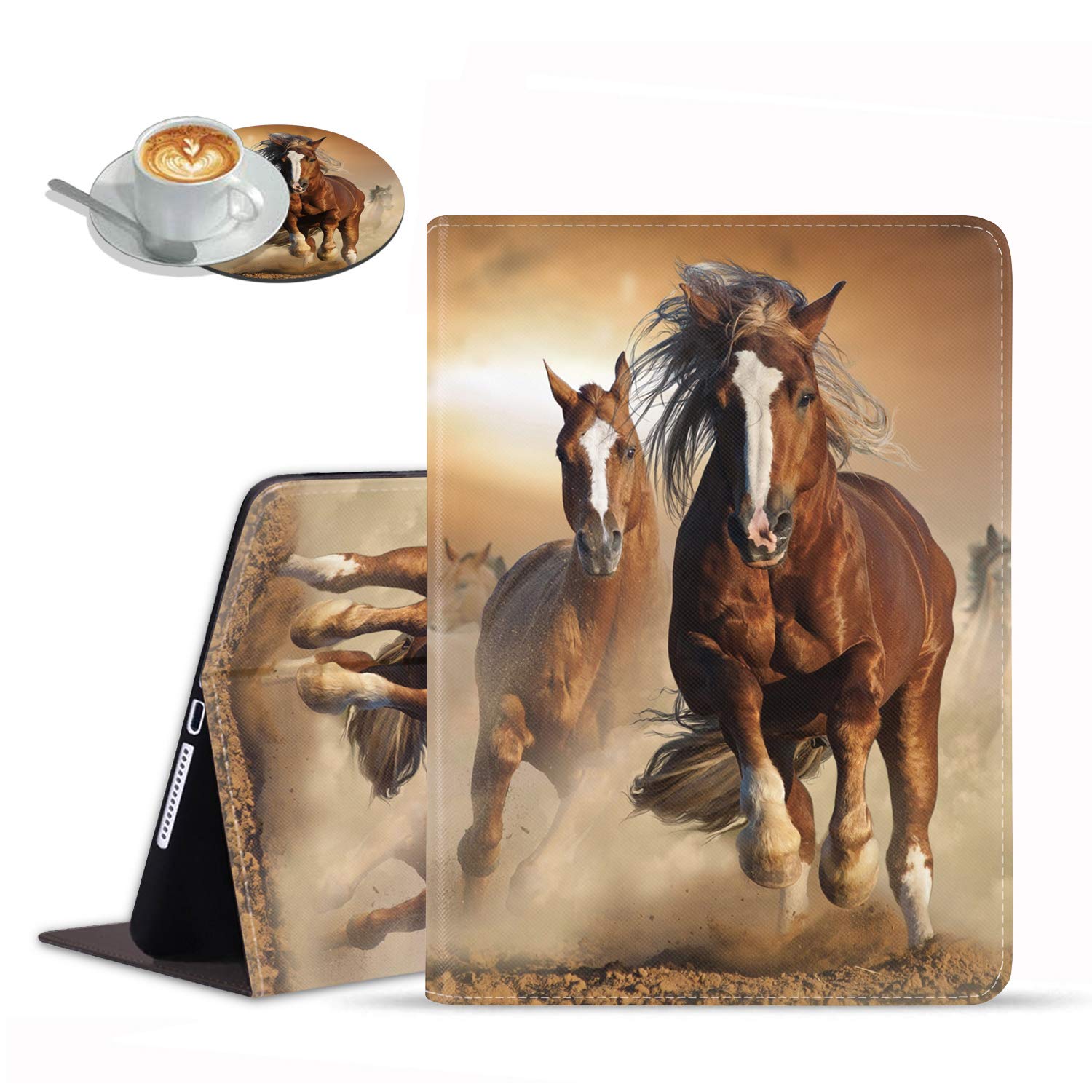 Premium Adjustable Multi-Angle Folio Stand Case with Auto Wake/Sleep for iPad 9.7 (2017/2018), iPad Air 1/2, iPad 5th/6th Gen - Running Horse Design | Perfect for Work, Study & Entertainment | Includes Bonus Coasters