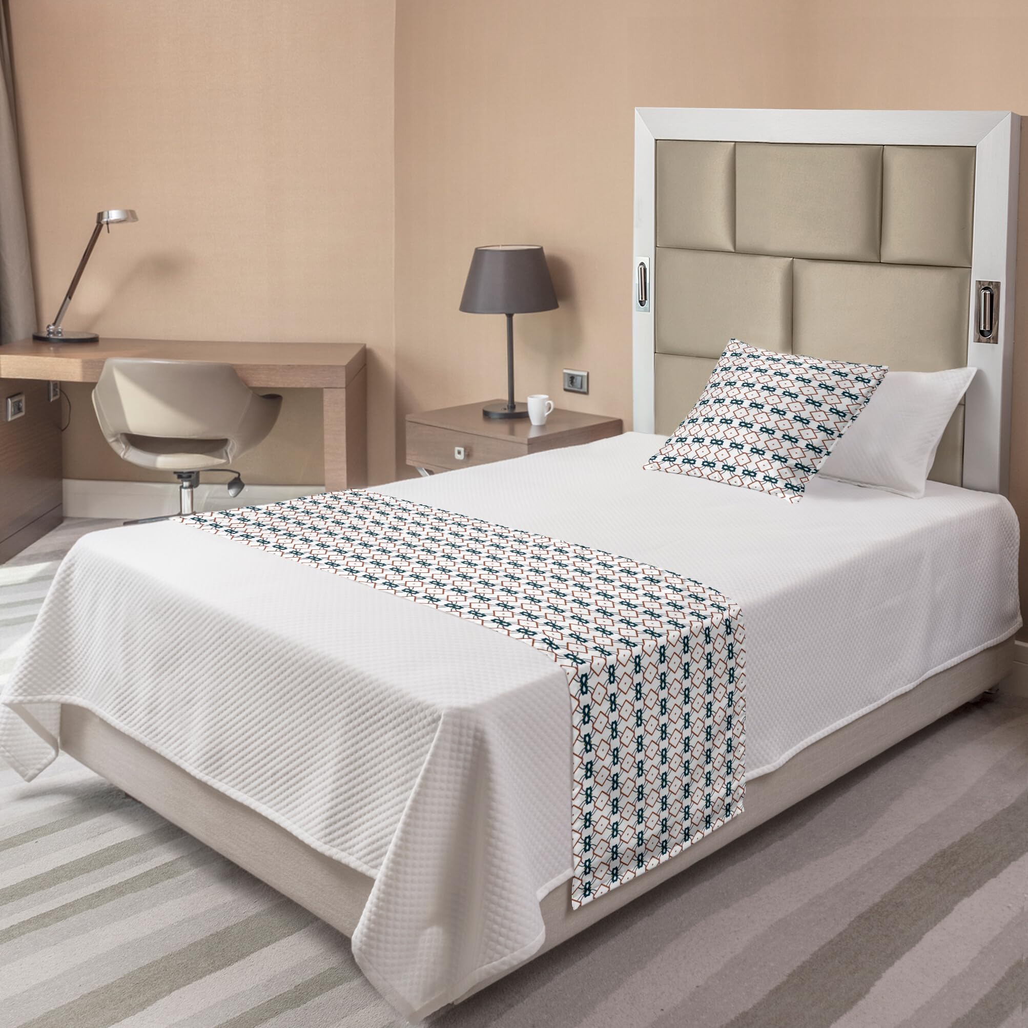 Ambesonne Geometric Bed Runner Set - Ornamental Cinnamon Tone Squares Design on Plain Backdrop, Decorative Bed Scarf & Pillow Sham for Twin Bed | Hotel & Home Decor in Petrol Blue & White | Perfect for Guest Rooms, Master Bedrooms & Airbnb Styling