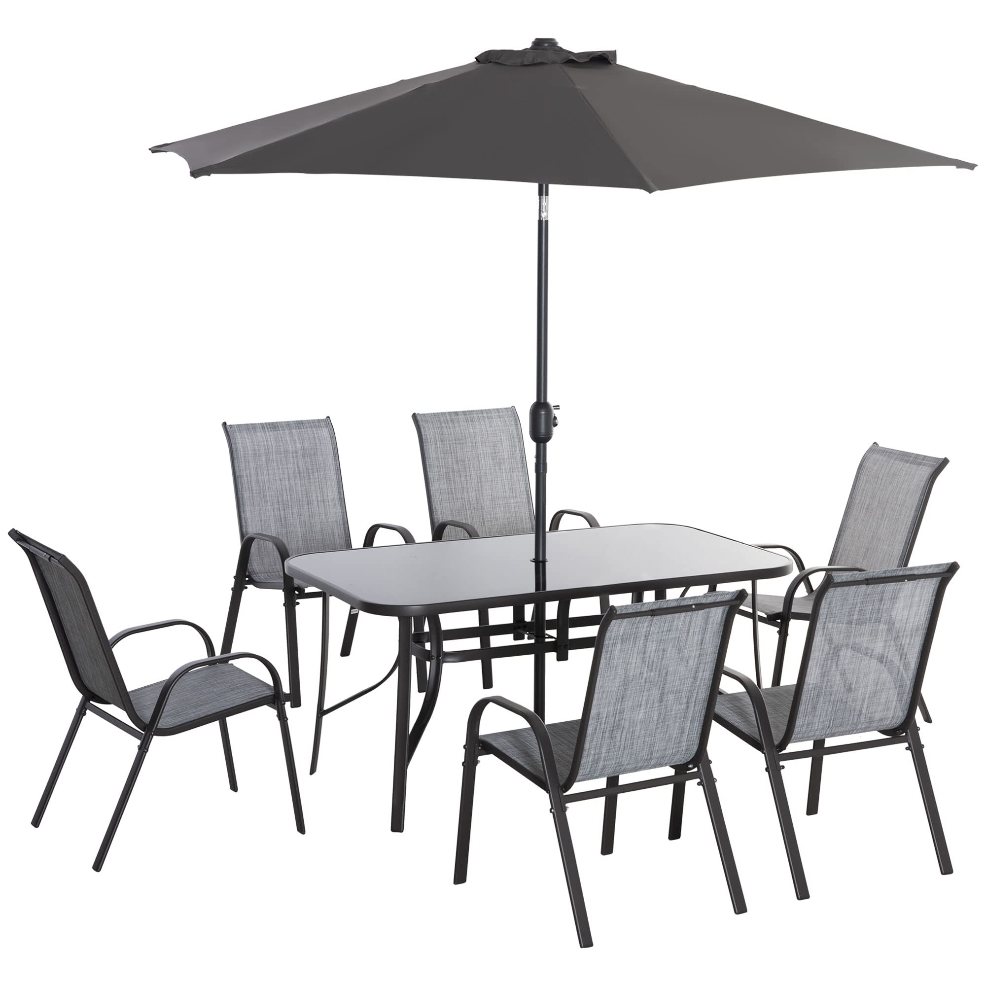Outsunny 8-Piece Patio Furniture Set with 9Ft Umbrella, Outdoor Dining Table & 6 Chairs, Push-Button Tilt Crank Parasol, Tempered Glass Top (Gray) - Perfect for Backyard BBQs, Poolside Lounging & Garden Gatherings