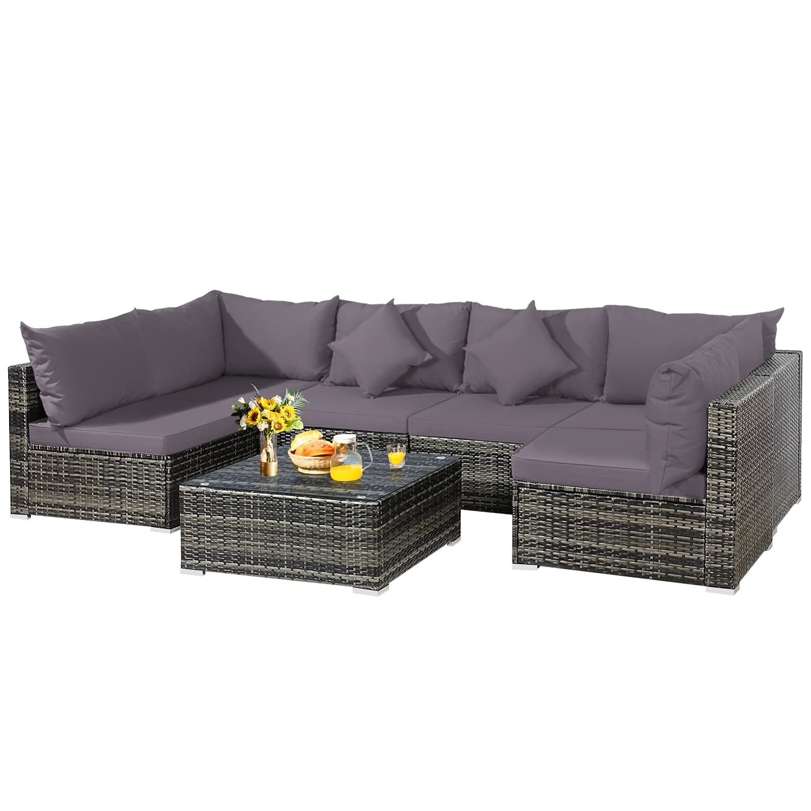 Patiojoy 7-Piece Outdoor Patio Furniture Set - All-Weather PE Rattan Sectional Sofa with Cushions & Tempered Glass Coffee Table - Grey Backyard Conversation Set for Garden, Poolside & Deck Relaxation