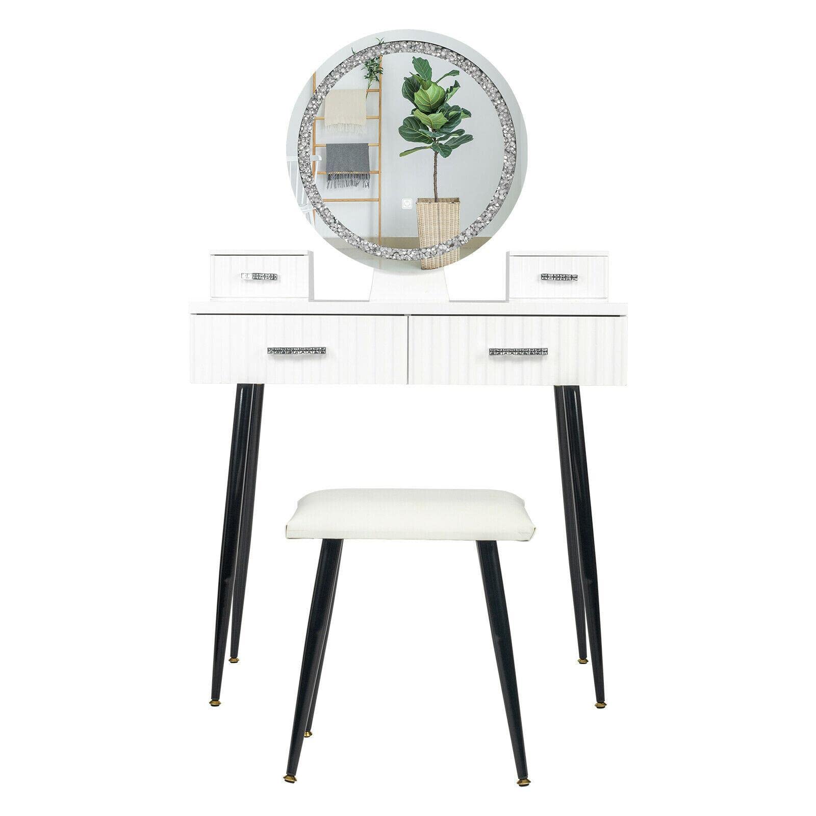 CompreDH Adjustable Brightness Vanity Mirror Makeup Dressing Table Set with 4 Drawers - Portable Bedroom Vanity Desk for Makeup, Skincare & Hair Styling - Perfect for Small Spaces, Apartments & Dorm Rooms