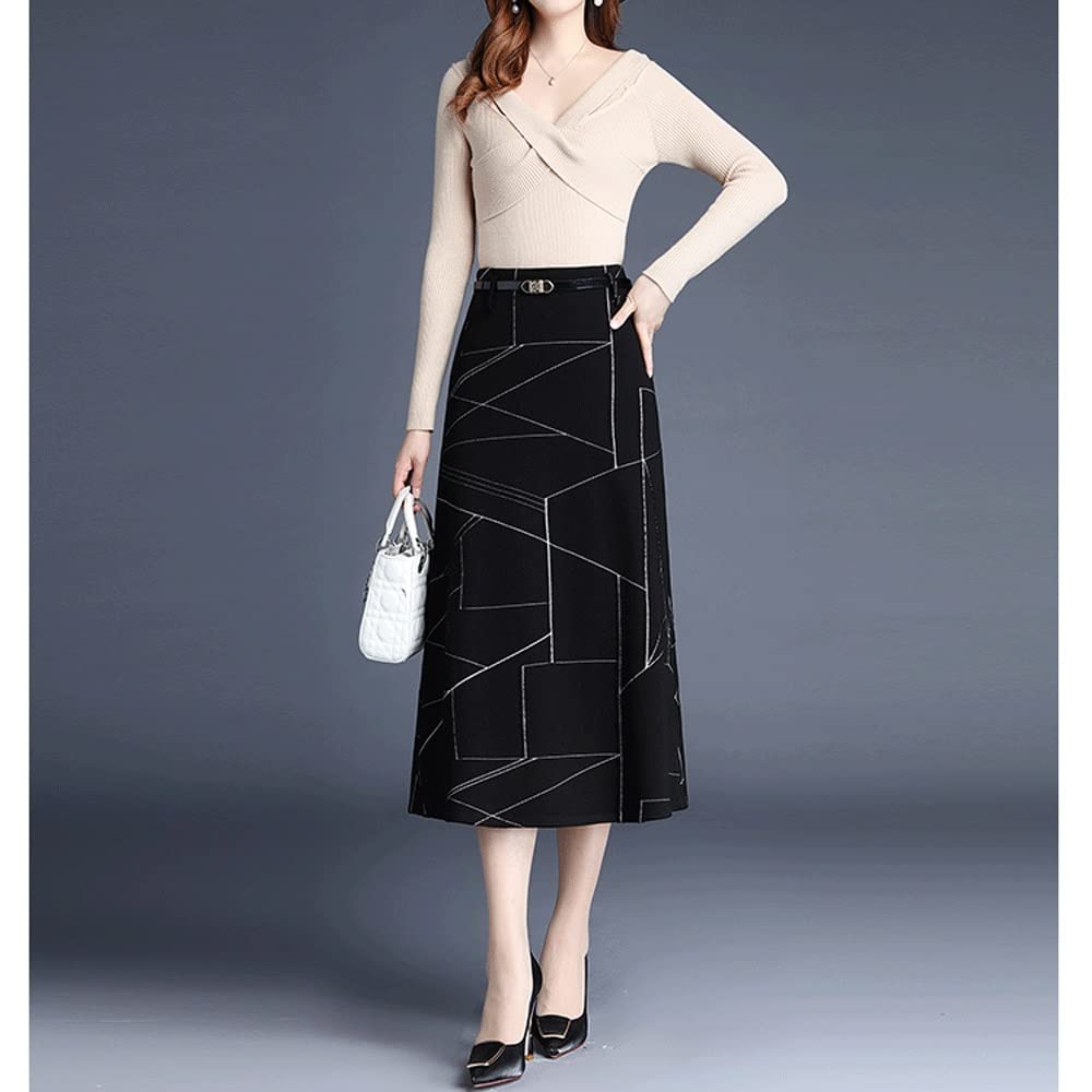 High Waist A-Line Skirt for Women - Geometric Plaid Long Skirt with Bag Hip Design, Plus Size 4XL, Perfect for Office Wear & Casual Outfits