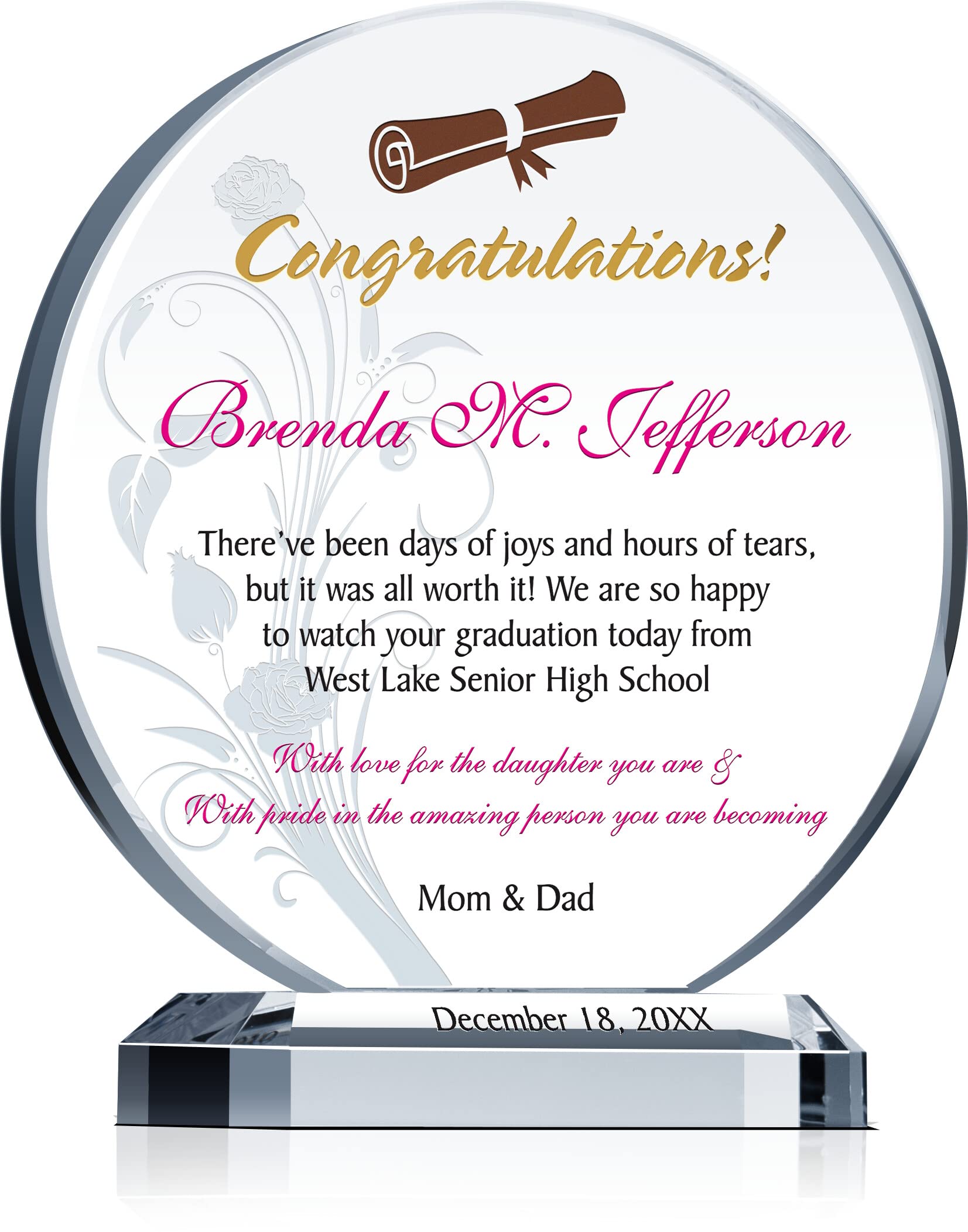 Personalized High School Graduation Gift for Daughter - Custom Engraved Crystal Award with Name, School & Date - Unique 6.5