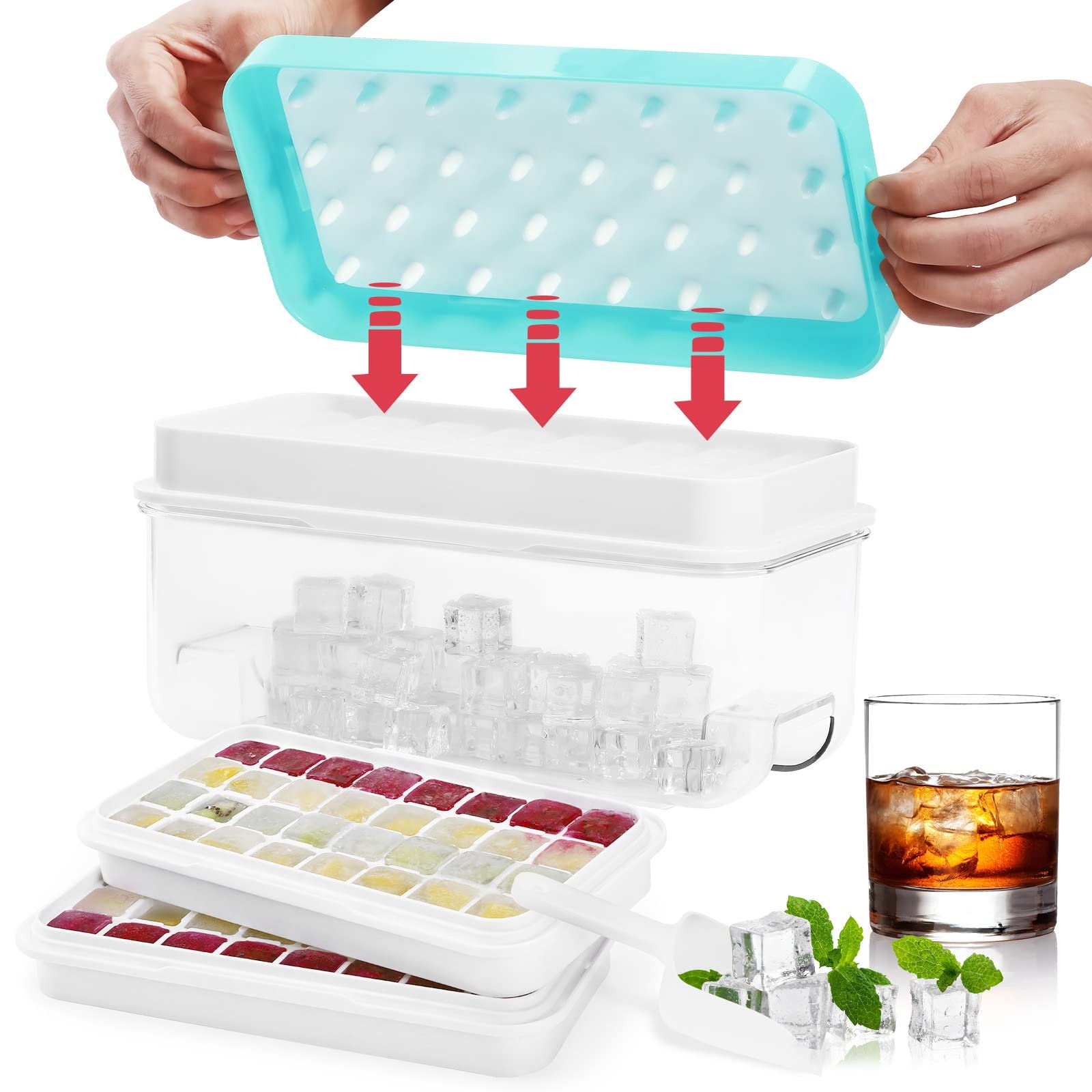HMASYO Stackable Silicone Ice Cube Tray with Lid & Bin - Easy Push Release 64Pcs Ice Molds for Freezer, Includes 2 Ice Trays, Ice Container & Scoop - Perfect for Chilling Whiskey, Cocktails, Iced Coffee & Party Drinks