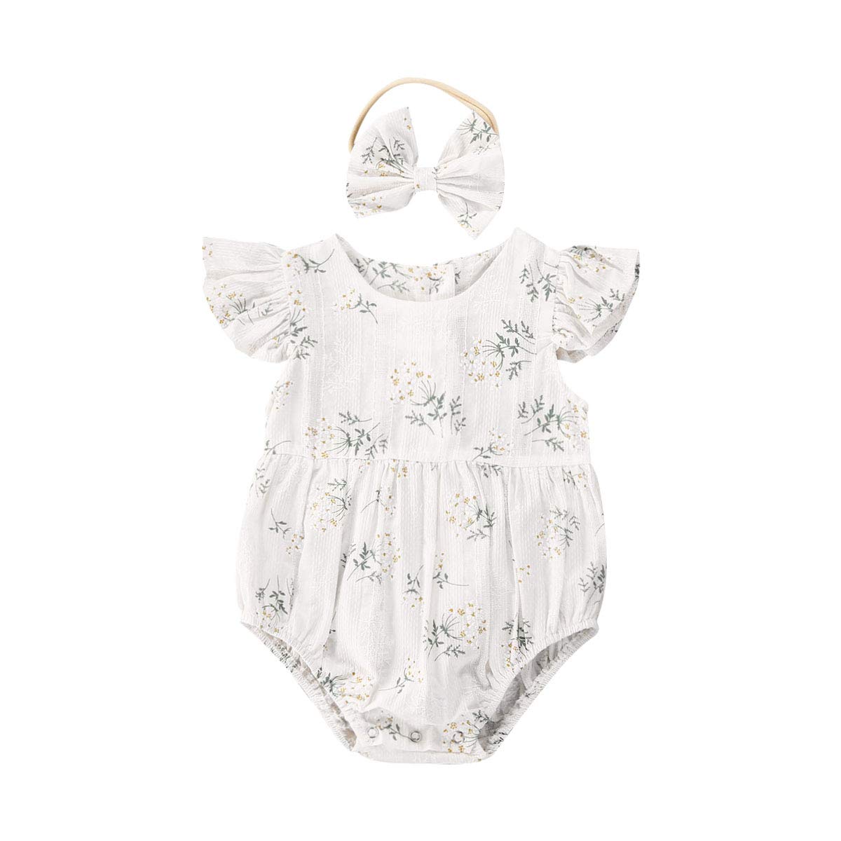 Floral Ruffle Sleeveless Cotton Romper Jumpsuit with Headband for Newborn Baby Girls | Summer Outfit for Photoshoots, Parties & Playtime