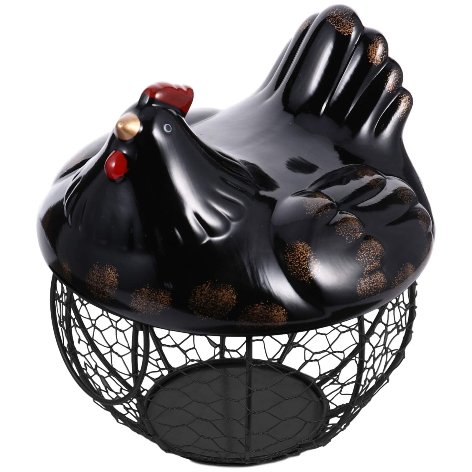 IMIKEYA Small Black Wire Egg Basket with Ceramic Lid - Kitchen Storage Container for Eggs, Fruits, Candy, Vegetables, Bread & Snacks - Perfect for Pantry, Countertop or Dining Table Display