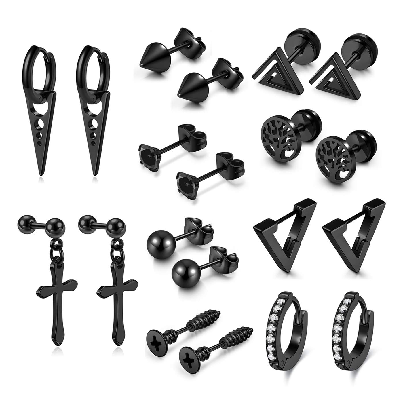 BOPREINA 10 Pairs Men's Earrings Set - Silver & Black Stainless Steel Stud Earrings with Cross & Tree of Life Designs - Hinged Hoop Huggie Earrings for Men & Women - Perfect for Daily Wear, Gifts & Piercing Jewelry