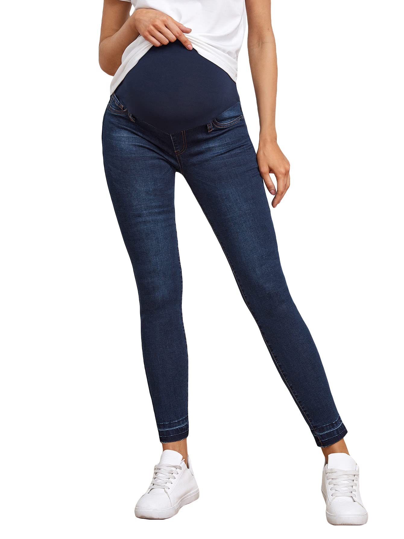 Floerns Women's Maternity High Waist Ripped Hem Stretch Denim Jeans with Pockets - Comfortable Pregnancy Pants for Casual Wear & Everyday Outfits