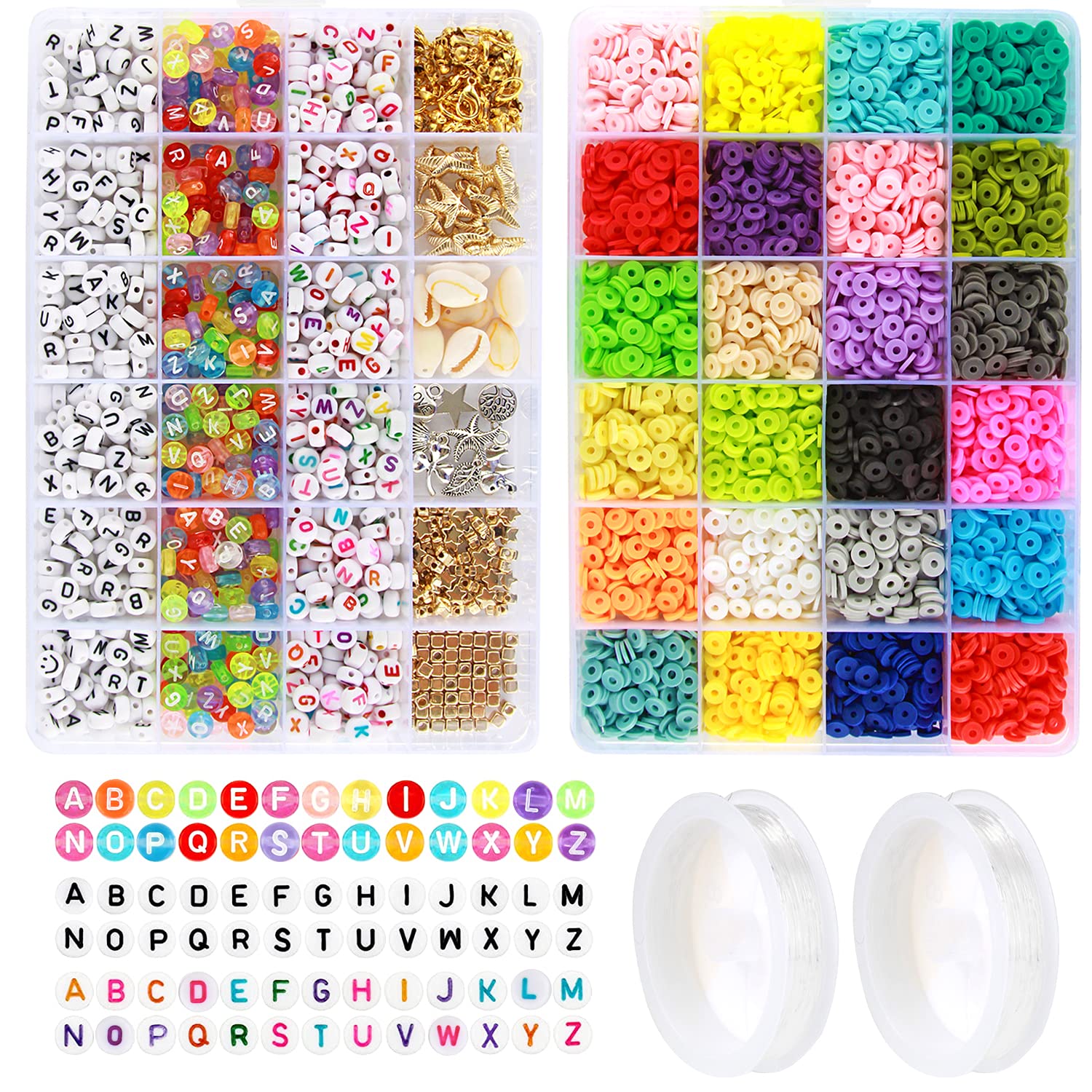 6000 Pcs Polymer Clay Beads for Jewelry Making - 6mm Flat Round Spacer Beads with Pendant Charms & Elastic Strings - 24 Color DIY Bracelet & Necklace Kit - Perfect for Handmade Jewelry, Gifts & Craft Projects
