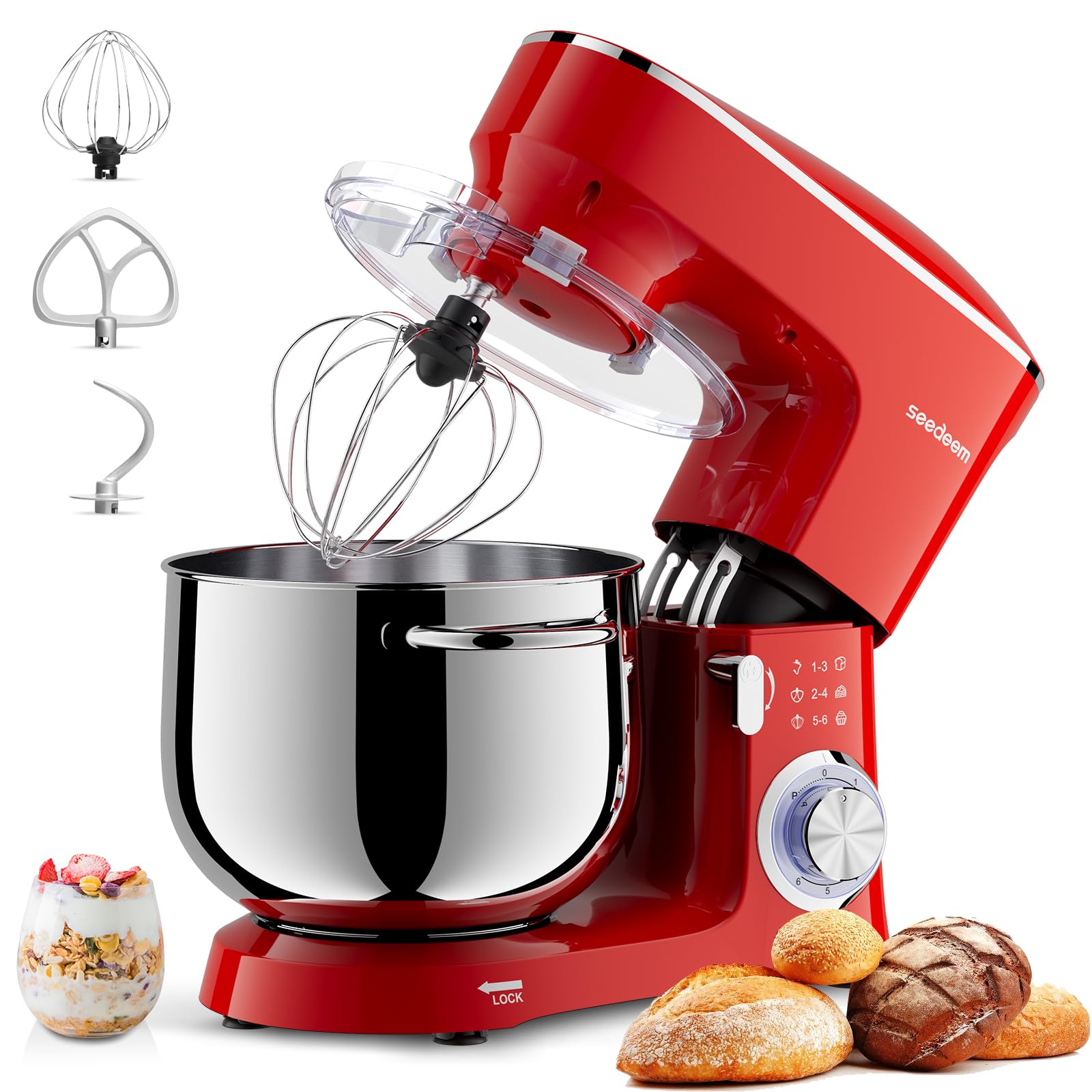 SEEDEEM 8.5 Qt Stand Mixer - 660W Powerful 6-Speed Tilt-Head Electric Kitchen Mixer with Dishwasher-Safe Dough Hook, Wire Whip & Beater - Perfect for Baking Bread, Cookies, Cakes & More - Red