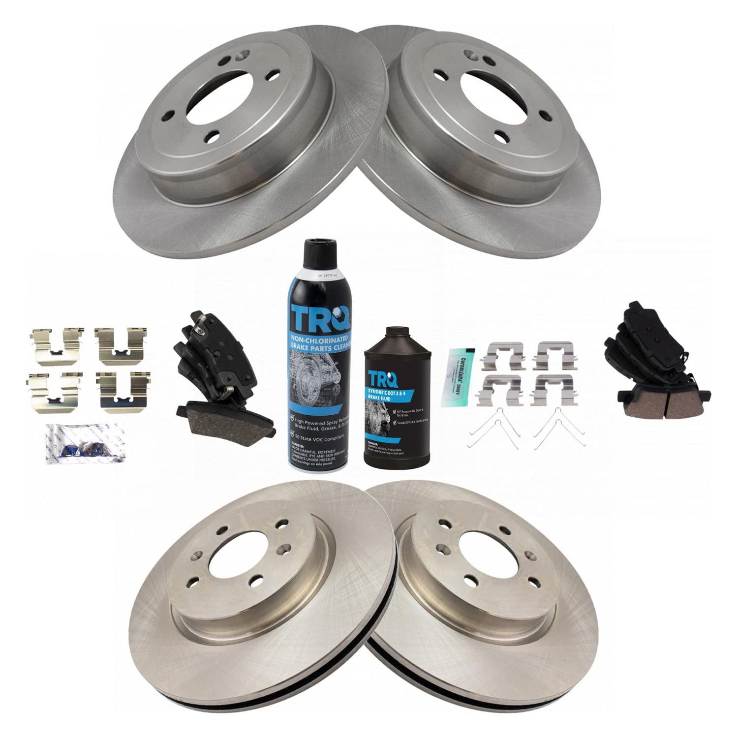 TRQ Front & Rear Ceramic Disc Brake Pad & Rotor Kit with Chemicals - Compatible with Hyundai Accent & Kia Rio | High-Performance Braking System for Smooth Stops | Perfect for City Driving & Highway Commuting