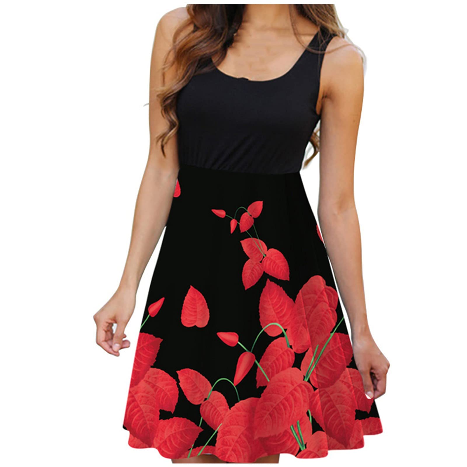FENGQI Women's Casual Sleeveless Dress with Round Neck & Digital Print - Perfect for Summer Outings, Beach Vacations and Daily Wear