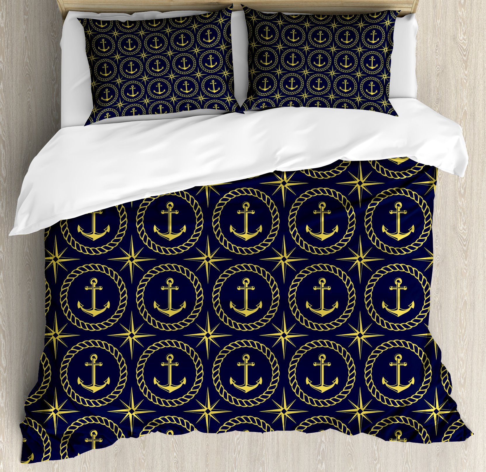 Ambesonne Anchor Duvet Cover Set - King Size Nautical Bedding with Abstract Cruise Ship & Windrose Design, 3-Piece Set Includes Duvet Cover + 2 Pillow Shams in Indigo & Yellow | Perfect for Cruise Enthusiasts, Beach House Decor & Nautical Themed Bedrooms