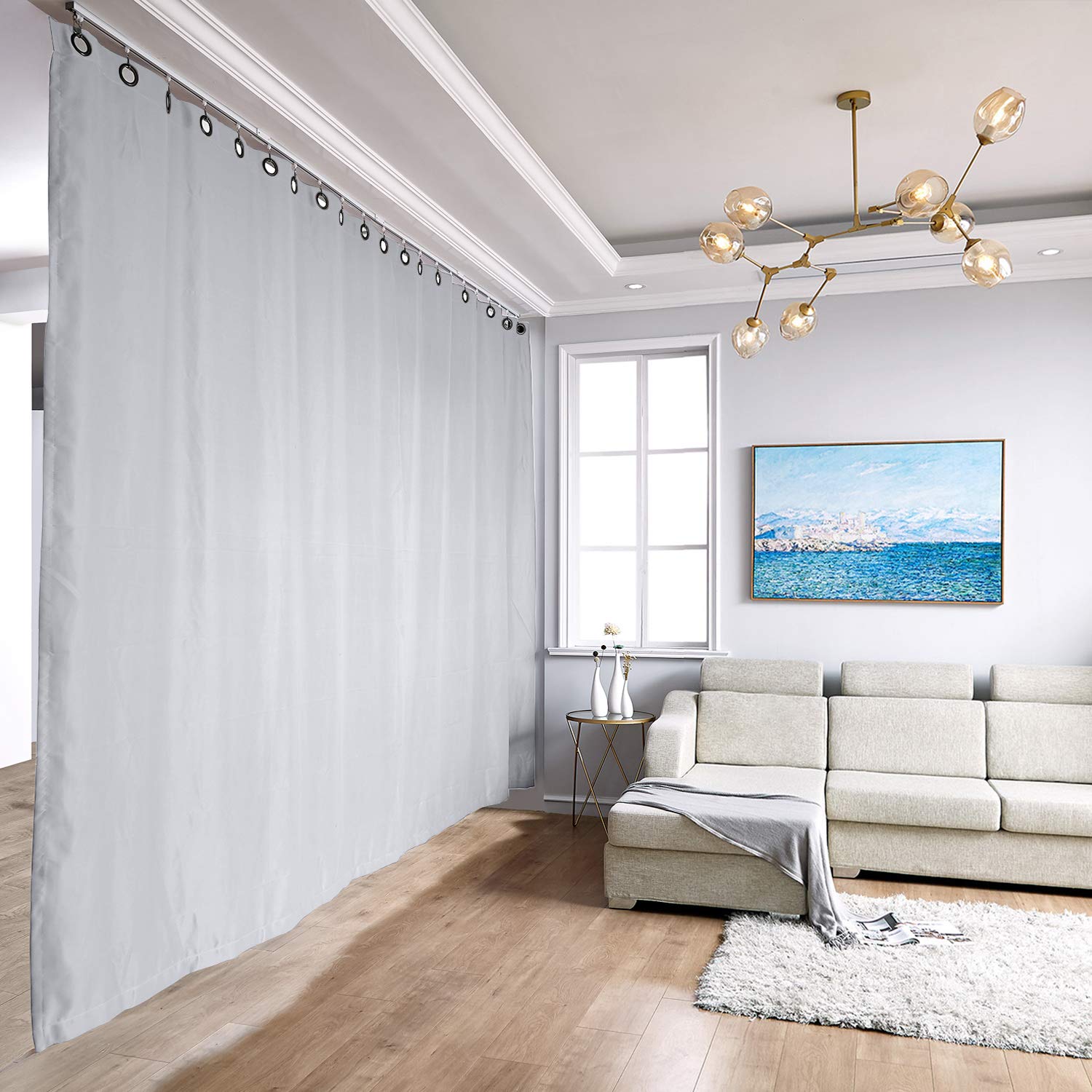 TWOPAGES Blackout Ceiling Track Room Divider Curtain Kit - 9ft to 12ft Wide x 9ft Tall (1 Panel, 12.5ft x 8.5ft, Greyish White) - Perfect for Studio Apartments, Office Partitions, and Privacy Screens