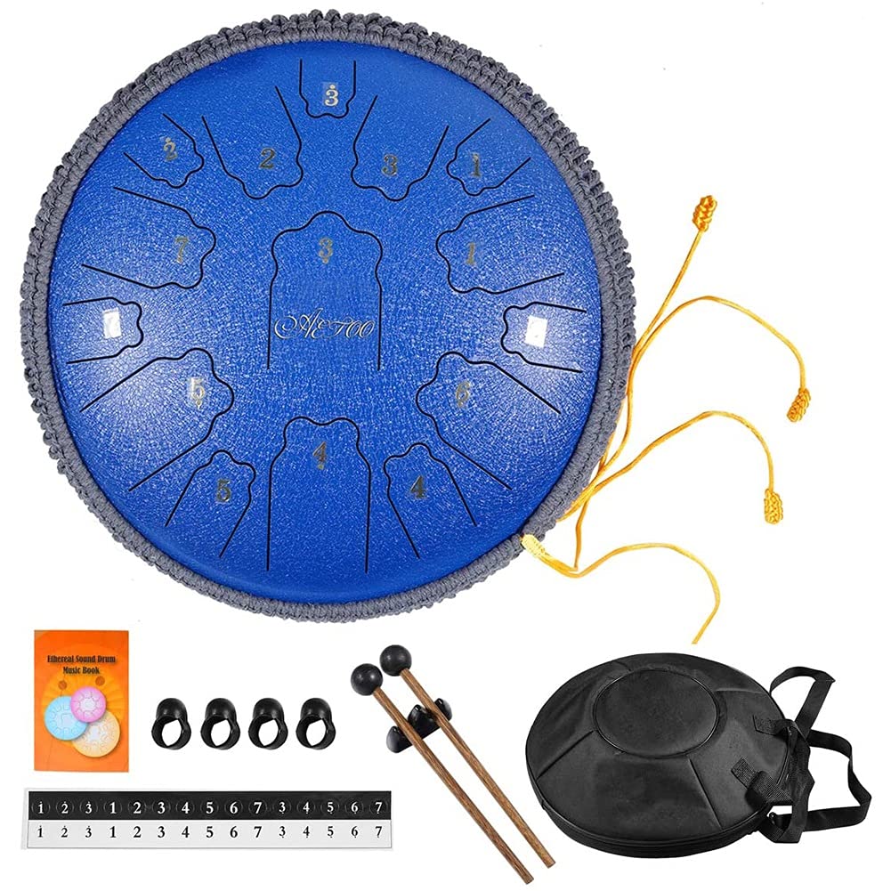 HZTEC 14-Inch Steel Tongue Drum - 15-Note Hand Pan Percussion Instrument with Mallets & Carry Bag (Blue) - Perfect for Meditation, Yoga, Music Therapy & Relaxation