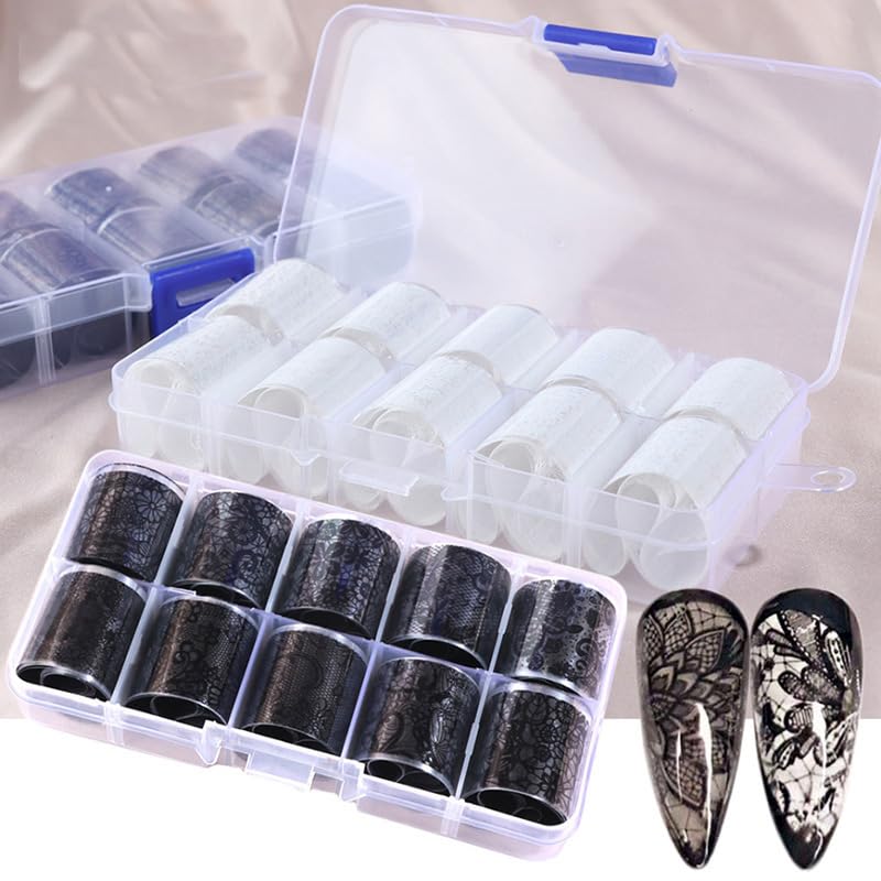 20 Rolls White & Black Holographic Lace Nail Foil Sheets - DIY Nail Art Transfer Foil for Manicure, Nail Stickers & Decals - Perfect for Salon, Home Nail Designs & Party Nail Decorations