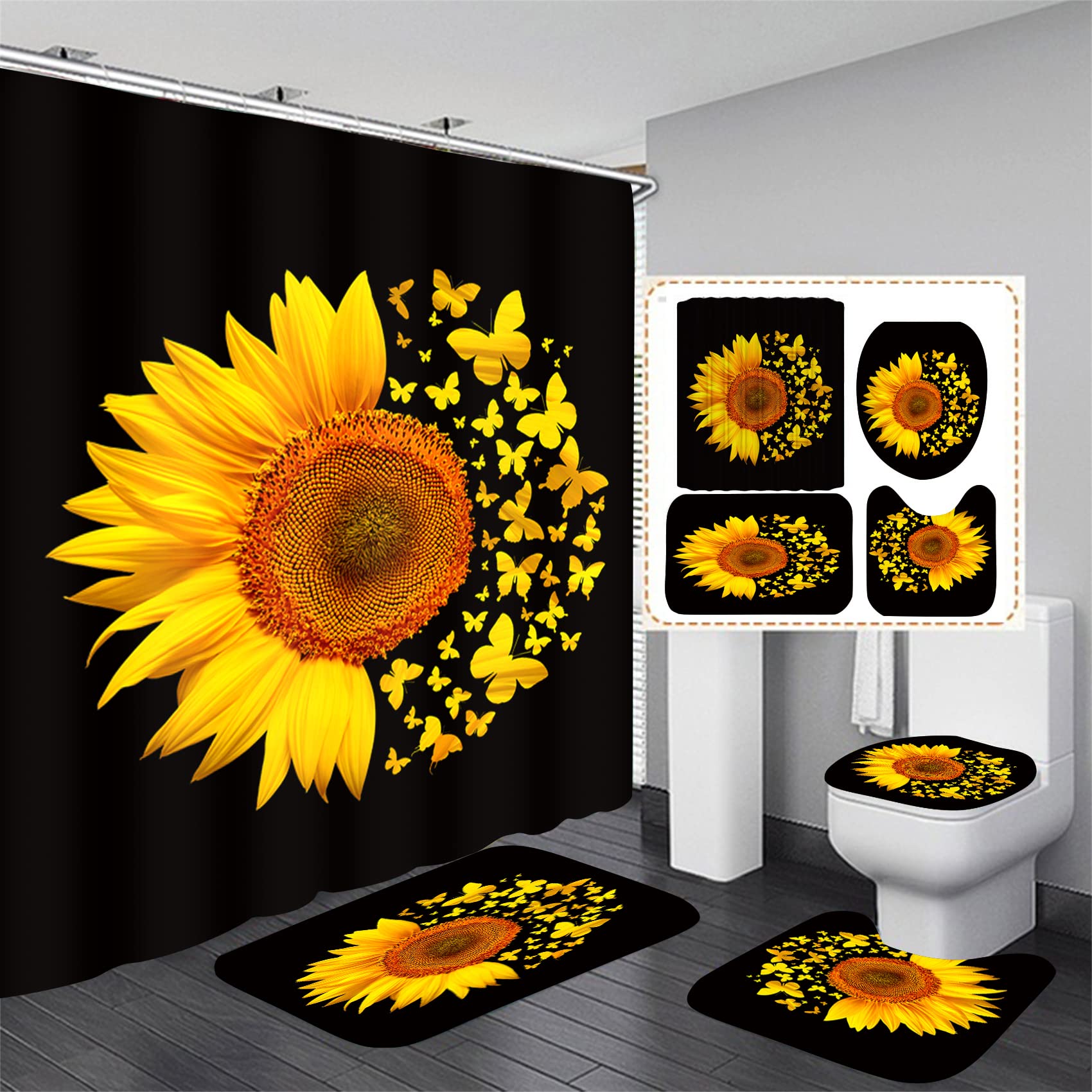 Butterfly Sunflower Shower Curtain Set - 4PC Bathroom Decor with Non-Slip Mat for Home Spa