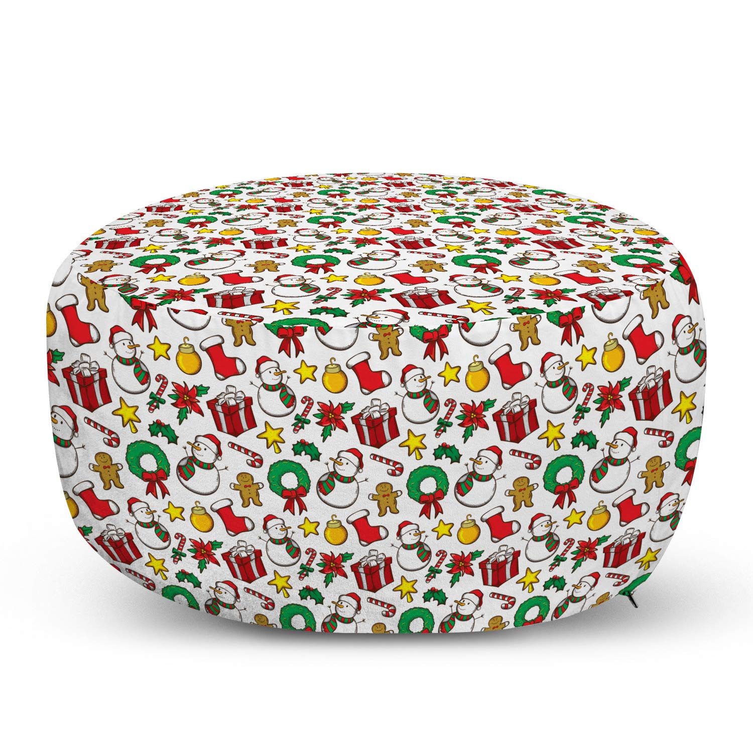 Ambesonne Christmas Ottoman Pouf - Holiday Decor Foot Rest with Festive Xmas Garland, Candy Cane, Snowman & Mistletoe Designs | Soft Decorative Pouf with Removable Cover for Living Room, Bedroom & Home Decor | Perfect for Holiday Gatherings, Gift Giving & Cozy Winter Nights