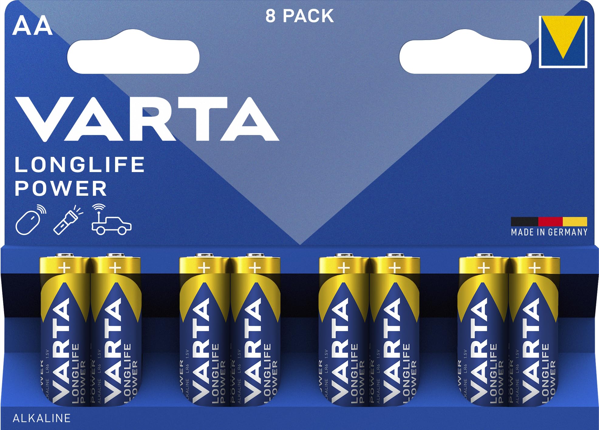 Varta AA Alkaline Batteries 1.5V - 8 Pack Long Lasting Power for Toys, Wireless Mouse, Flashlights - Made in Germany - Perfect for Home, Office & Emergency Use