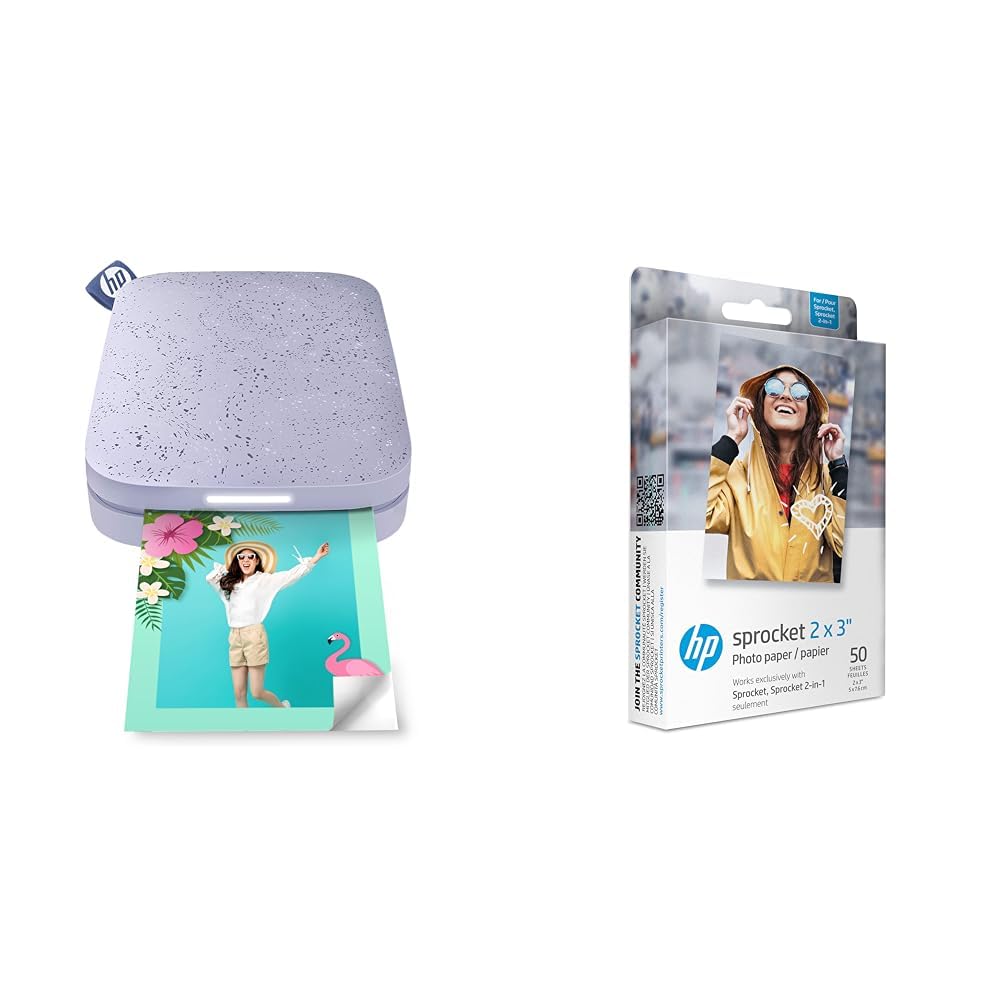 HP Sprocket Portable Photo Printer (Lilac) with 50 Sheets 2x3