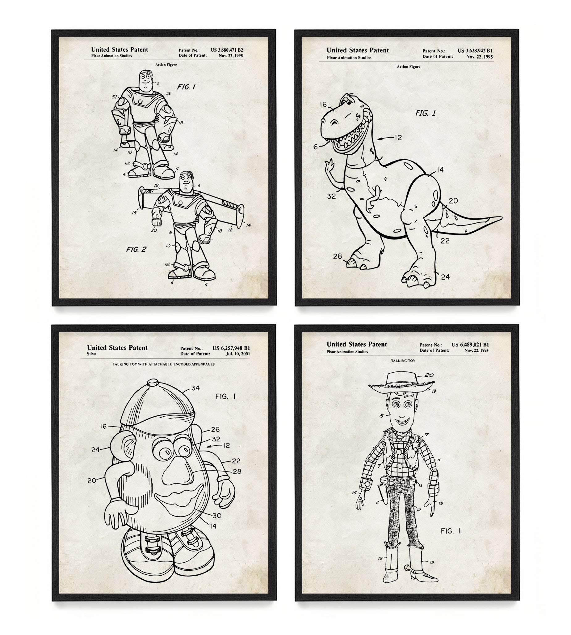 Wunderkammer Studio - Toy Story Patent Poster Art Set of 4 (8x10 Framed Prints) - Buzz Lightyear & Woody Wall Decor for Kids Room, Nursery, Playroom - Perfect for Disney Pixar Fans & Children's Bedroom Decor