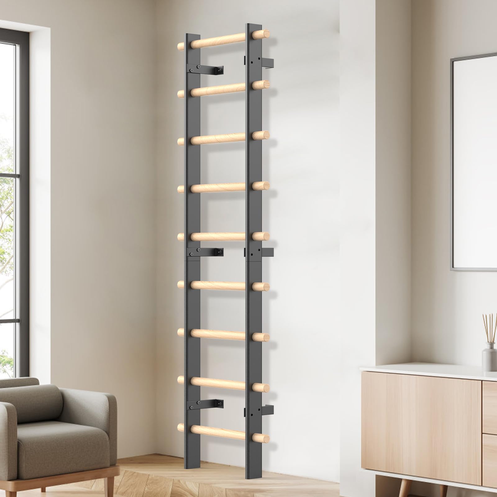Premium Wooden Swedish Ladder - Wall Mounted Stall Bars for Kids & Adults - Home Gym Equipment for Strength Training, Stretching & Therapy - Perfect for Home, School, Gym & Physical Therapy Clinics