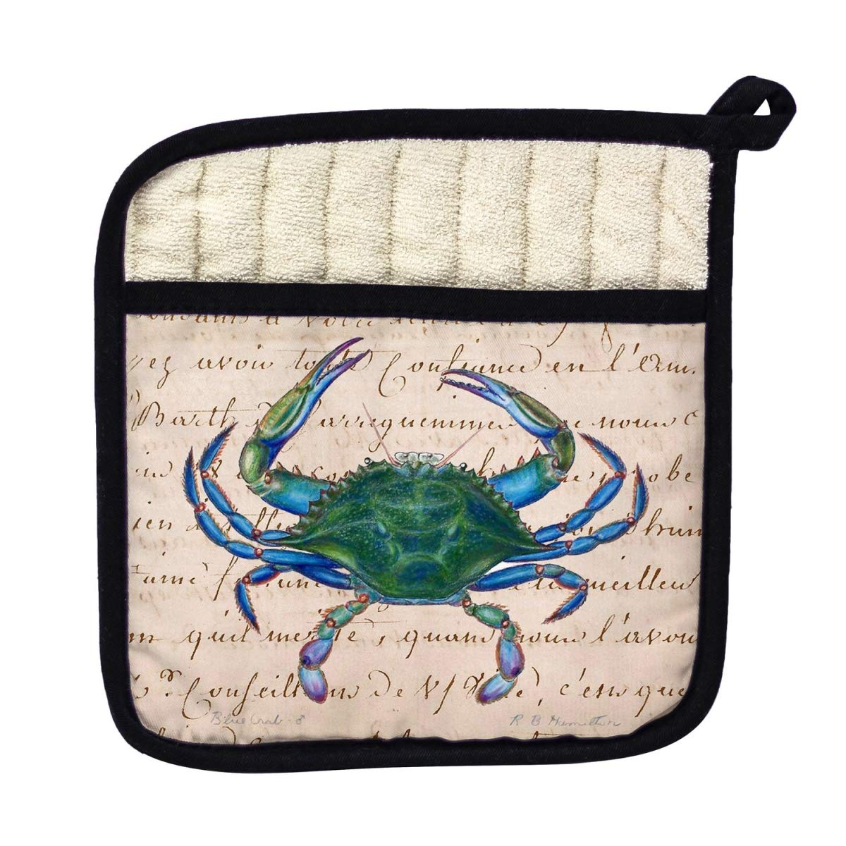 Betsy Drake PT005B Blue Crab Pot Holder for Men - Heat Resistant Kitchen Mitts for Cooking, Grilling & Baking - Beige Oven Gloves for BBQ, Camping & Home Use