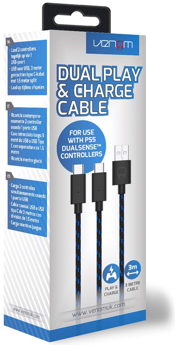 Venom 3M Dual Play & Charge Cable for PS5 - Fast Charging & Gaming Cord for PlayStation 5 Controllers | Perfect for Long Gaming Sessions & Multiplayer Setup