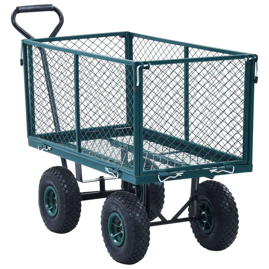 vidaXL Heavy Duty Green Steel Garden Hand Truck - Large Capacity Utility Cart with Pneumatic Wheels for Easy Loading & Unloading | Perfect for Yard Work, Landscaping, Moving Potting Soil & Garden Supplies