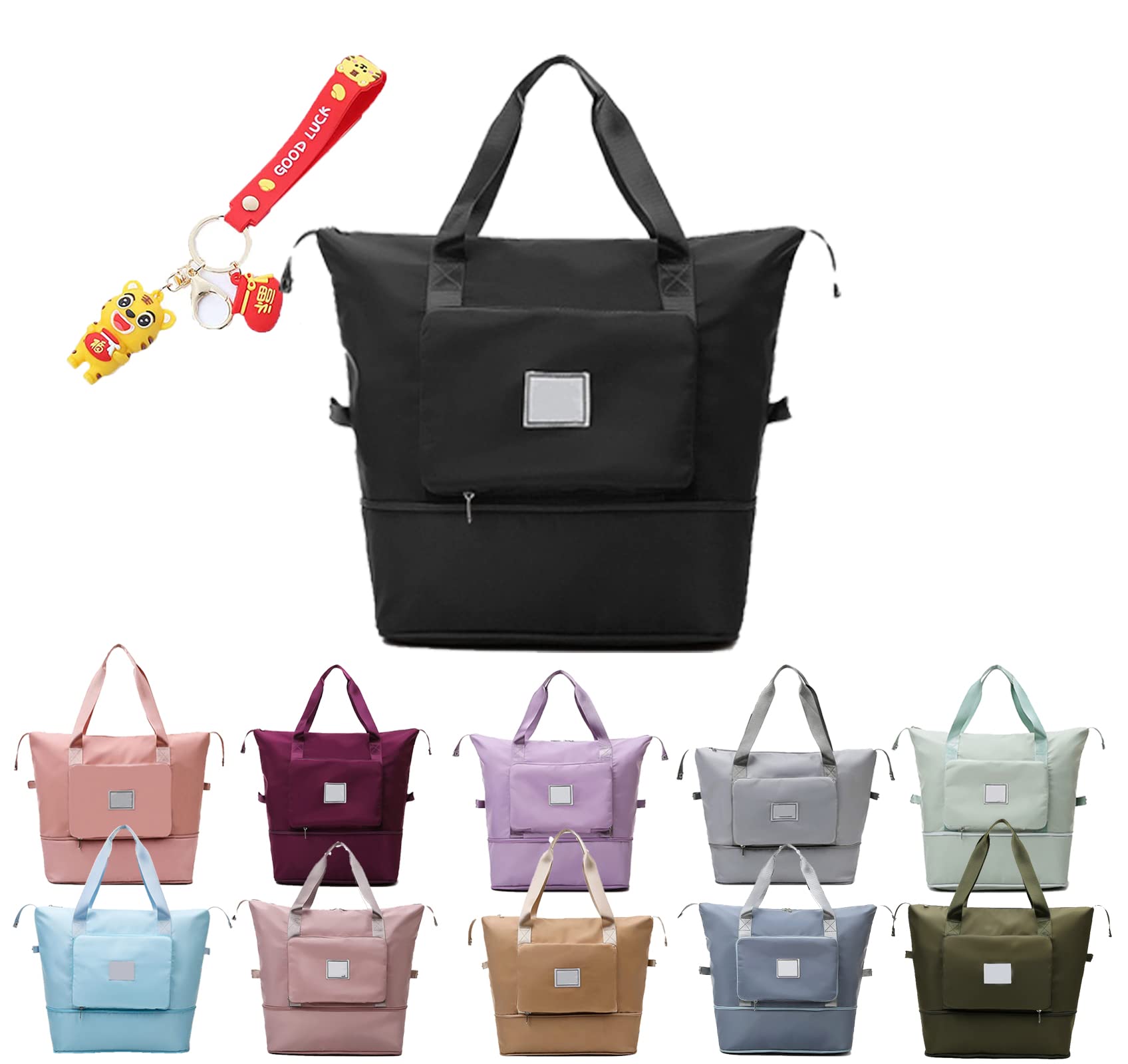 **GEOBY Collapsible Waterproof Large Capacity Travel Handbag - Foldable Expandable Carry-On Bag with Fixed Strap for Women & Men - Perfect for Airplane, Beach, Gym, and Weekend Getaways (Black)**