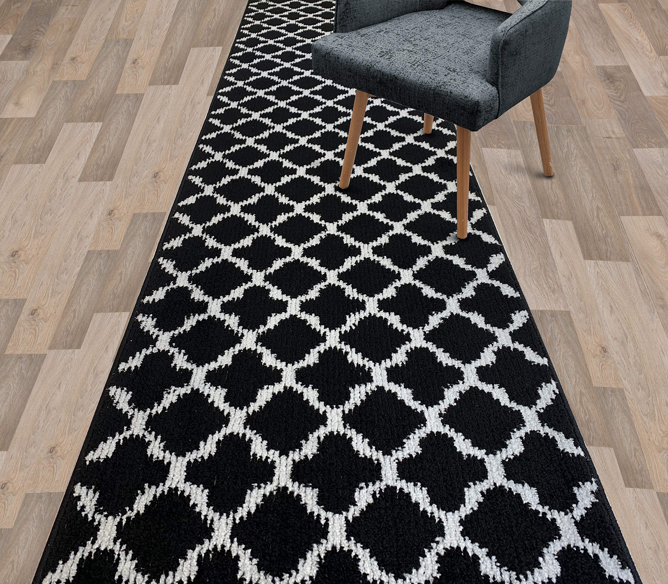 REMNAZ HOME DECOR Non-Slip Narrow Indoor Carpet Runner Rug for Hallway, Entryway, Kitchen - Trellis Black, 2'1