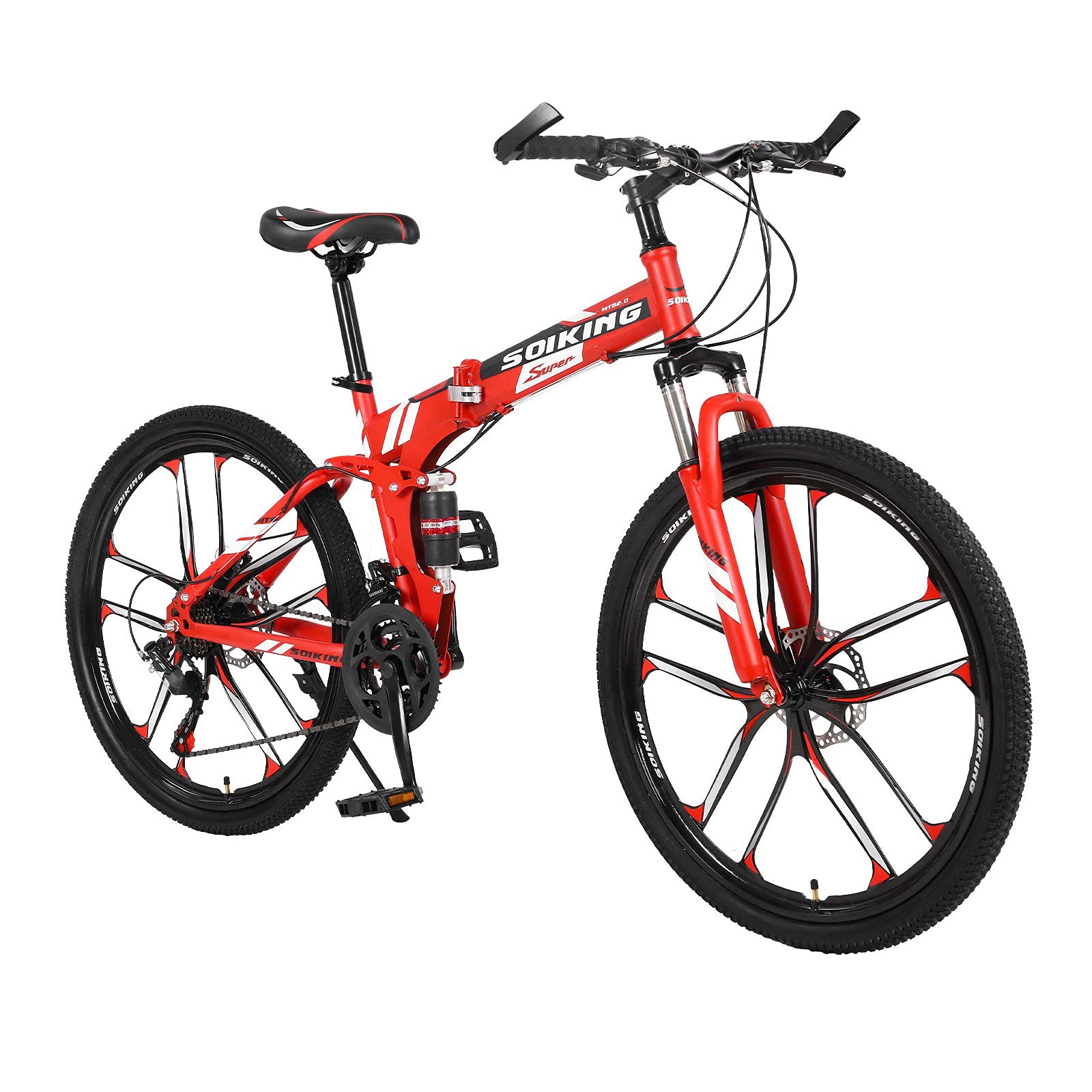 26 Inch Folding Mountain Bike for Adults - 21 Speed Full Suspension Bicycle with High Carbon Steel Frame - Men & Women's All-Terrain Exercise Bike for Commuting, Trail Riding & Outdoor Adventures
