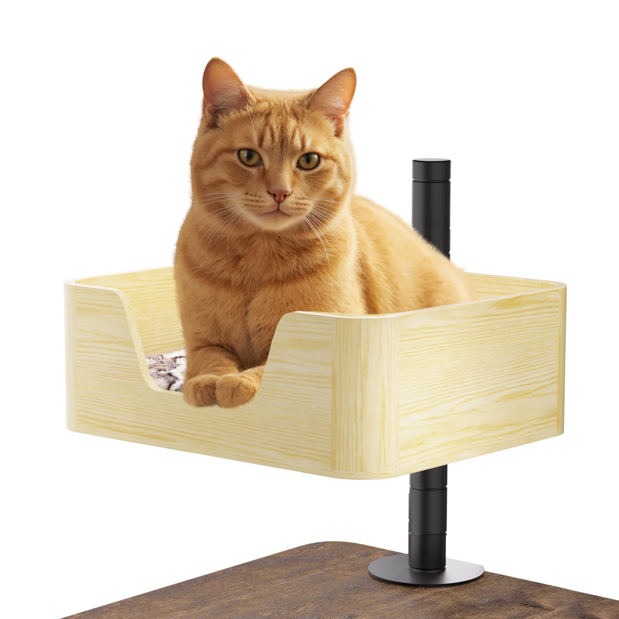 360° Rotating Clamp-On Cat Bed for Desk - Elevated Wooden Pet Bed with Plush Cushion, Space-Saving Design - Perfect for Office, Study & Small Spaces