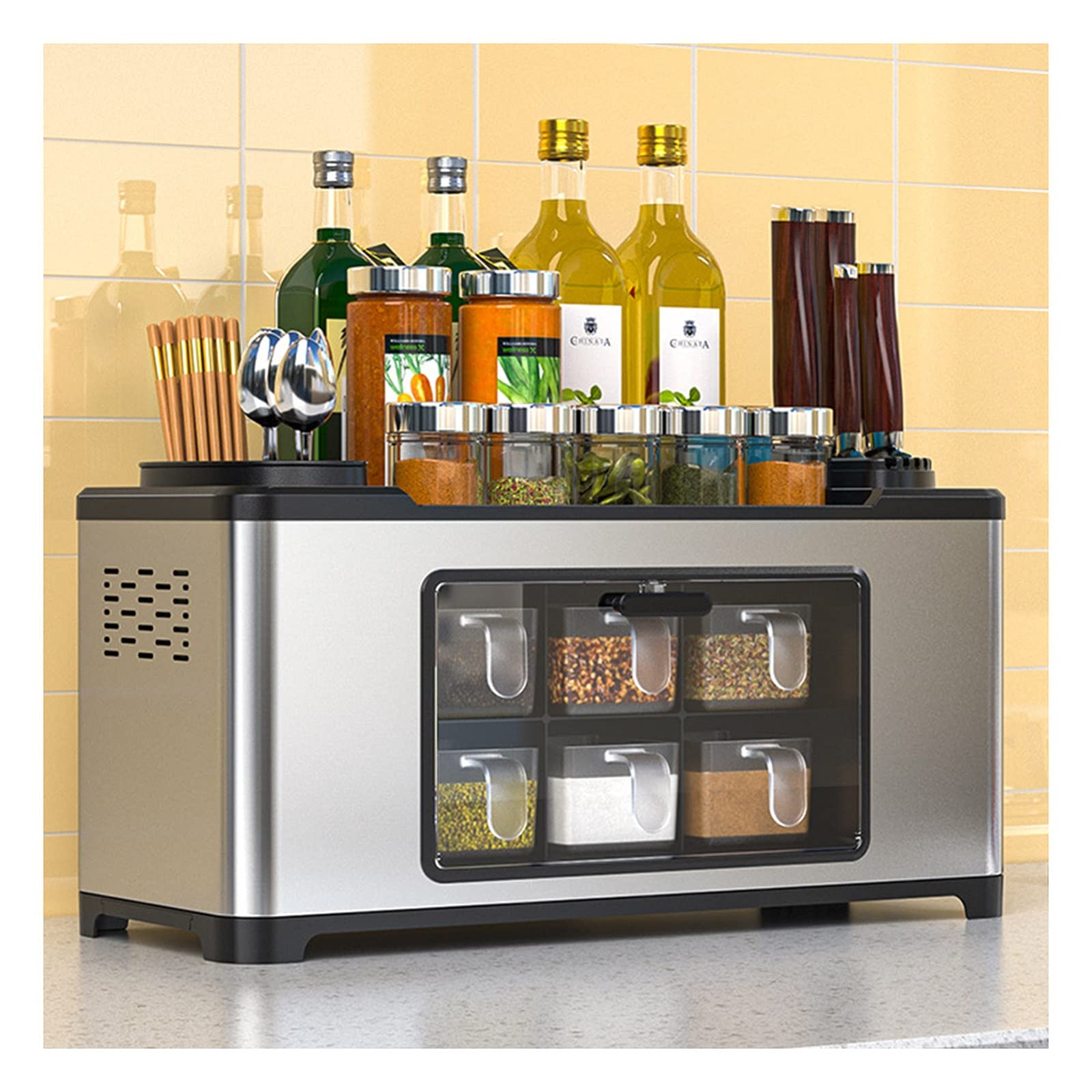 ACD Multi-Function Spice Box Rack - 12 Bottle Seasoning Organizer with Brush Jar & Spoon Holder - Kitchen Storage Case for Knives & Spices - Perfect for Pantry, Countertop & Cooking Organization