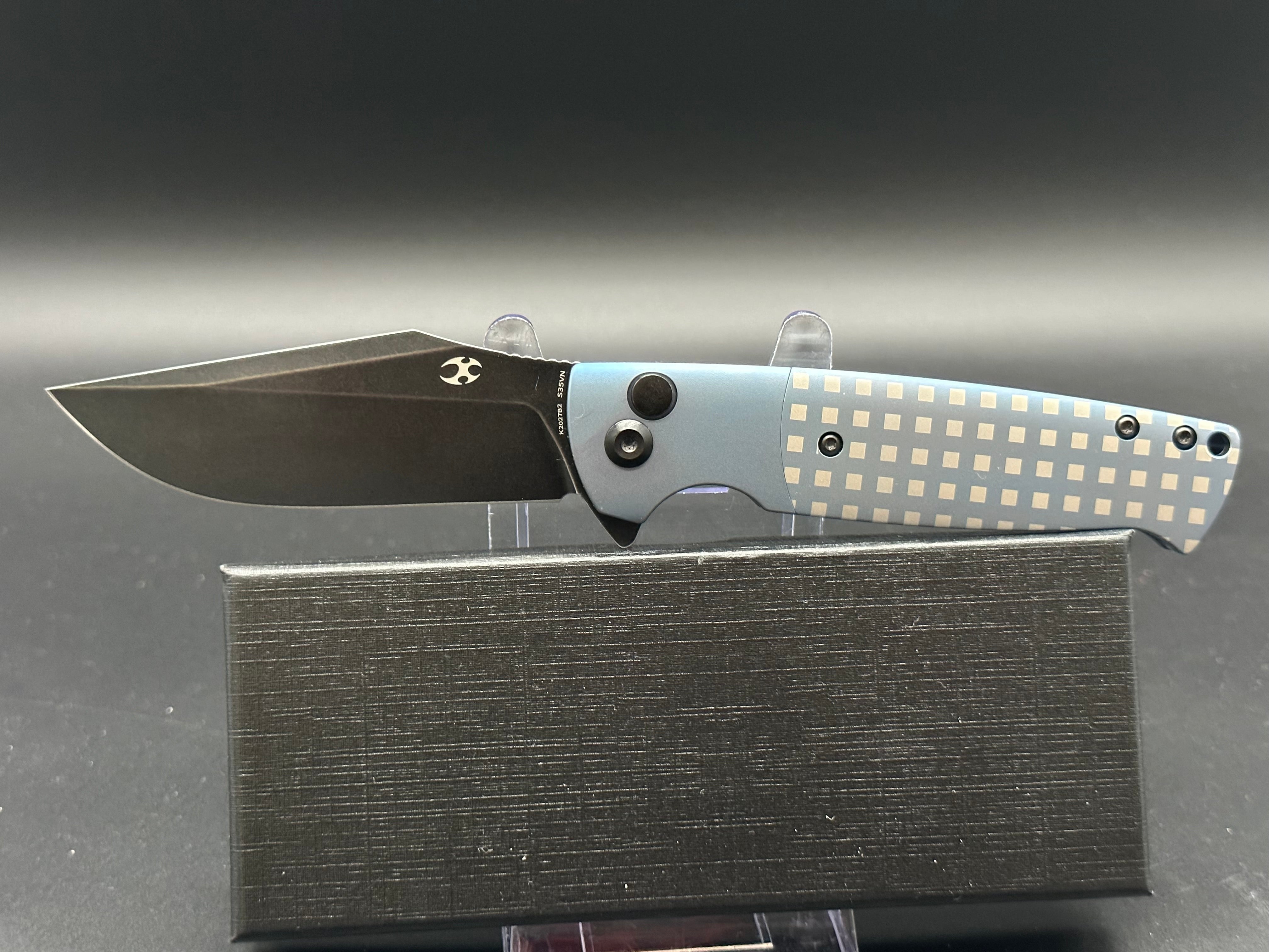 KANSEPT SHIKARI SBL Blue Titanium/White Square Handle Folding Knife - S35VN Steel Blade, EDC Pocket Knife for Outdoor, Camping, and Everyday Carry