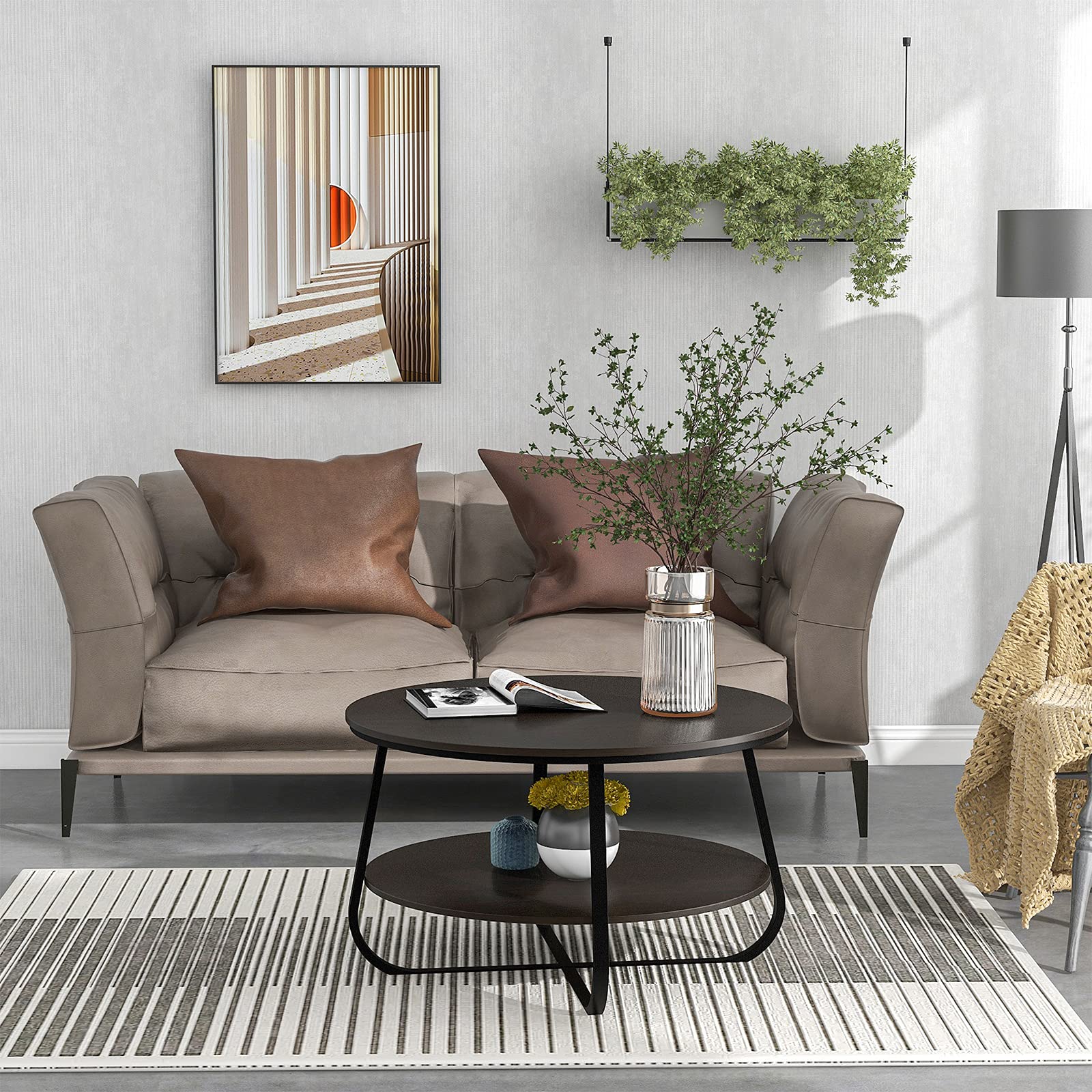 Modern Round Coffee Table with Crossed Legs - Industrial Design Cocktail Table for Living Room, Espresso Finish | Perfect for Small Spaces, Apartments & Cozy Home Decor