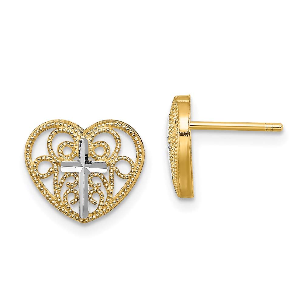 14K Yellow Gold Rhodium-Plated Heart Cross Filigree Post Earrings for Women - Elegant Gift for Valentine's Day, Anniversary & Special Occasions