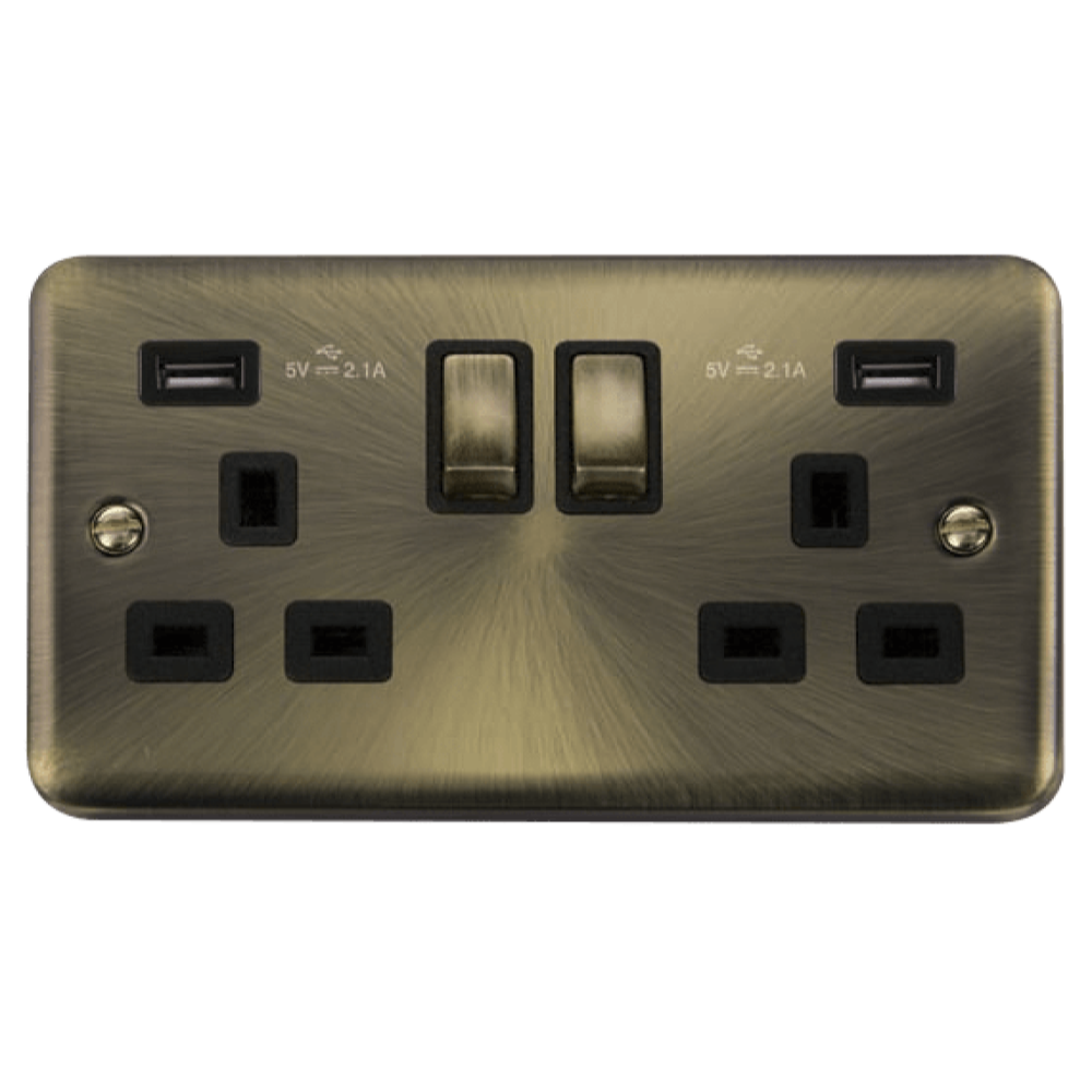 Click Deco Plus Antique Brass 13A Double USB Socket Outlet - Modern Wall Charger with 2 USB Ports & UK Plug - Perfect for Bedroom, Office, and Hotel Travel Use