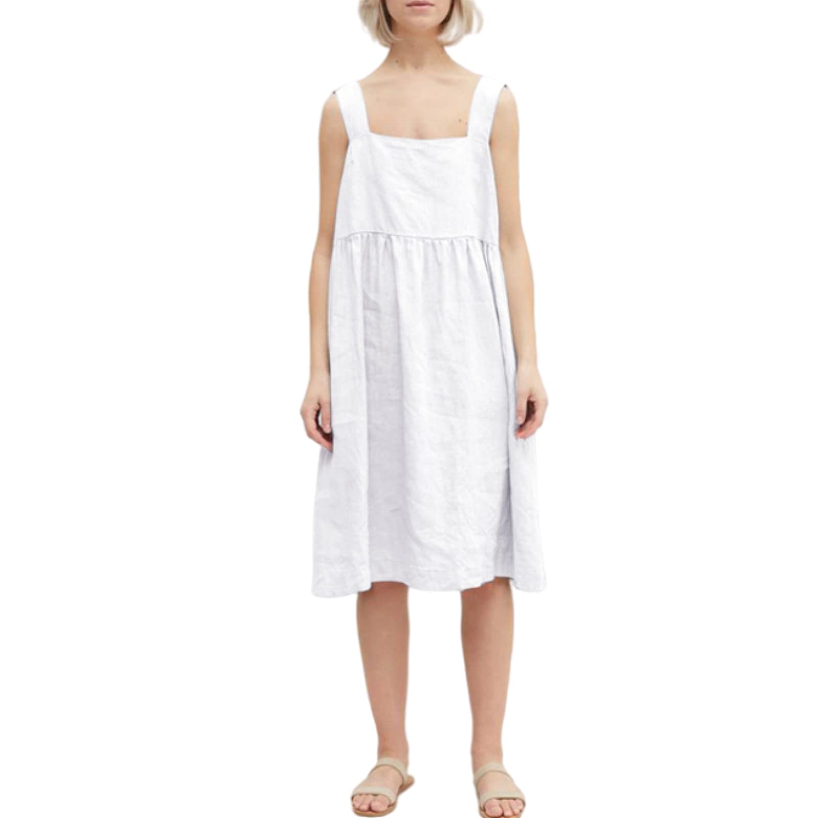 Breathable Summer Cotton Linen Women's Dress - Elegant Solid Square Collar Button Up Sundress with Pockets | Perfect for Beach, Vacation & Casual Outings