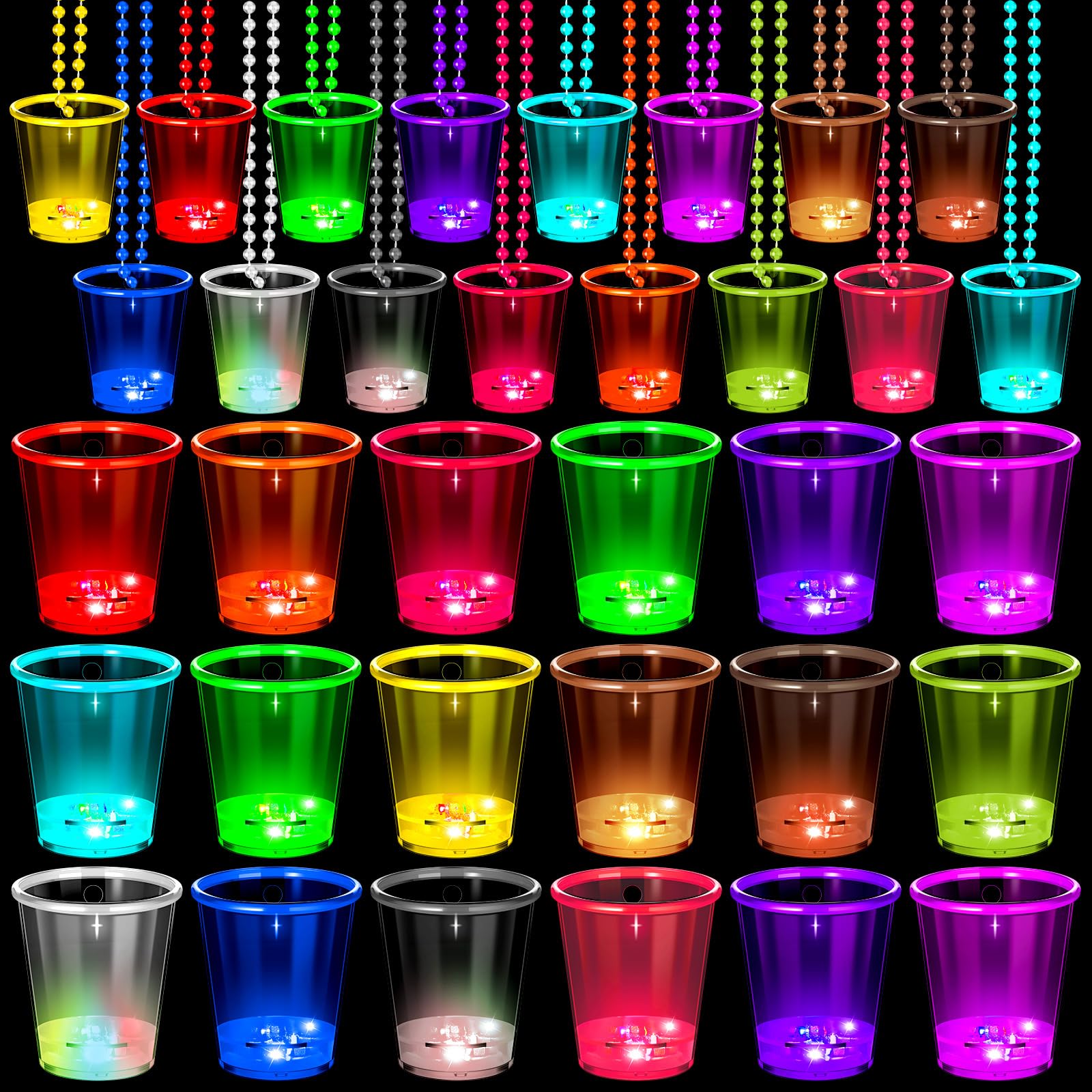 60 Pcs Glow in the Dark Shot Glass Necklaces - LED Light Up Party Cups for Halloween, Christmas, Birthday & Wedding - 15 Vibrant Colors - Perfect for Nightclubs, Raves, Bar Crawls & Themed Parties