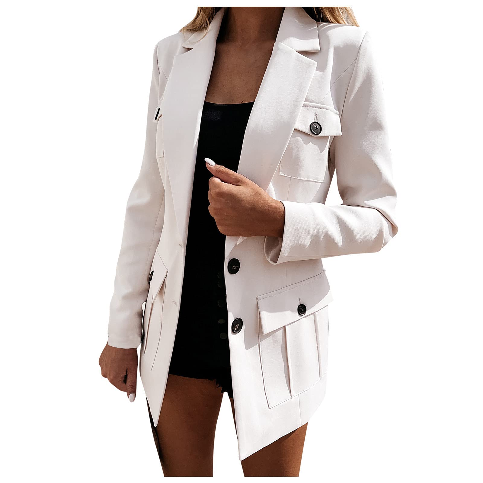 Lightweight Women's Long Sleeve Blazer Jacket - Office Coat with Lapel Pocket, Solid Button Down Cardigan Outwear | Perfect for Business Casual, Work Attire & Formal Occasions