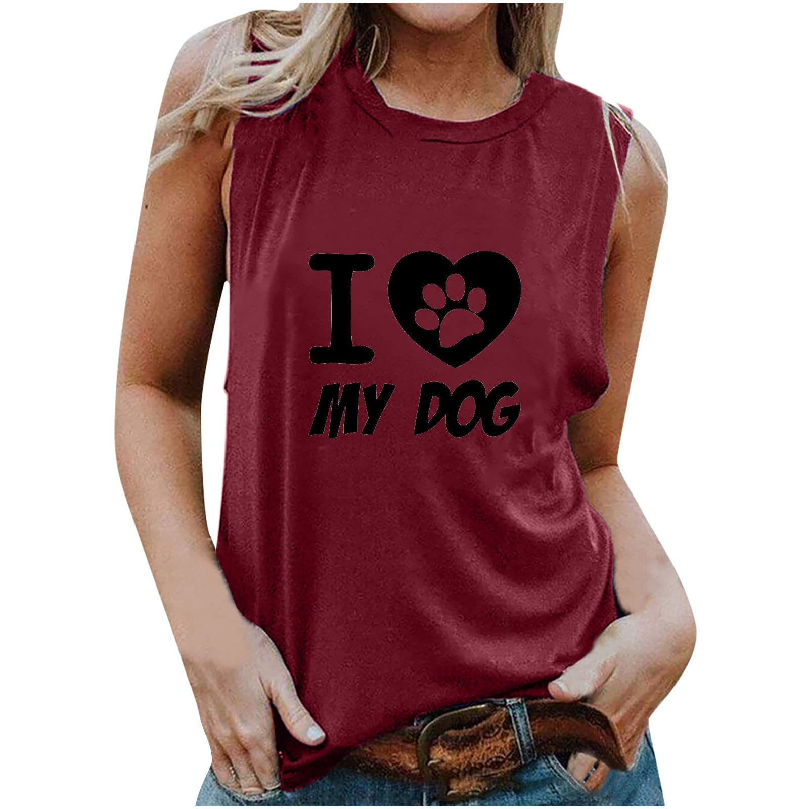 Women's Sleeveless Graphic Tank Top - I Love Dog Heart Print Summer Tee Shirt, Loose Casual Tunic Blouse for Beach, Vacation & Everyday Wear